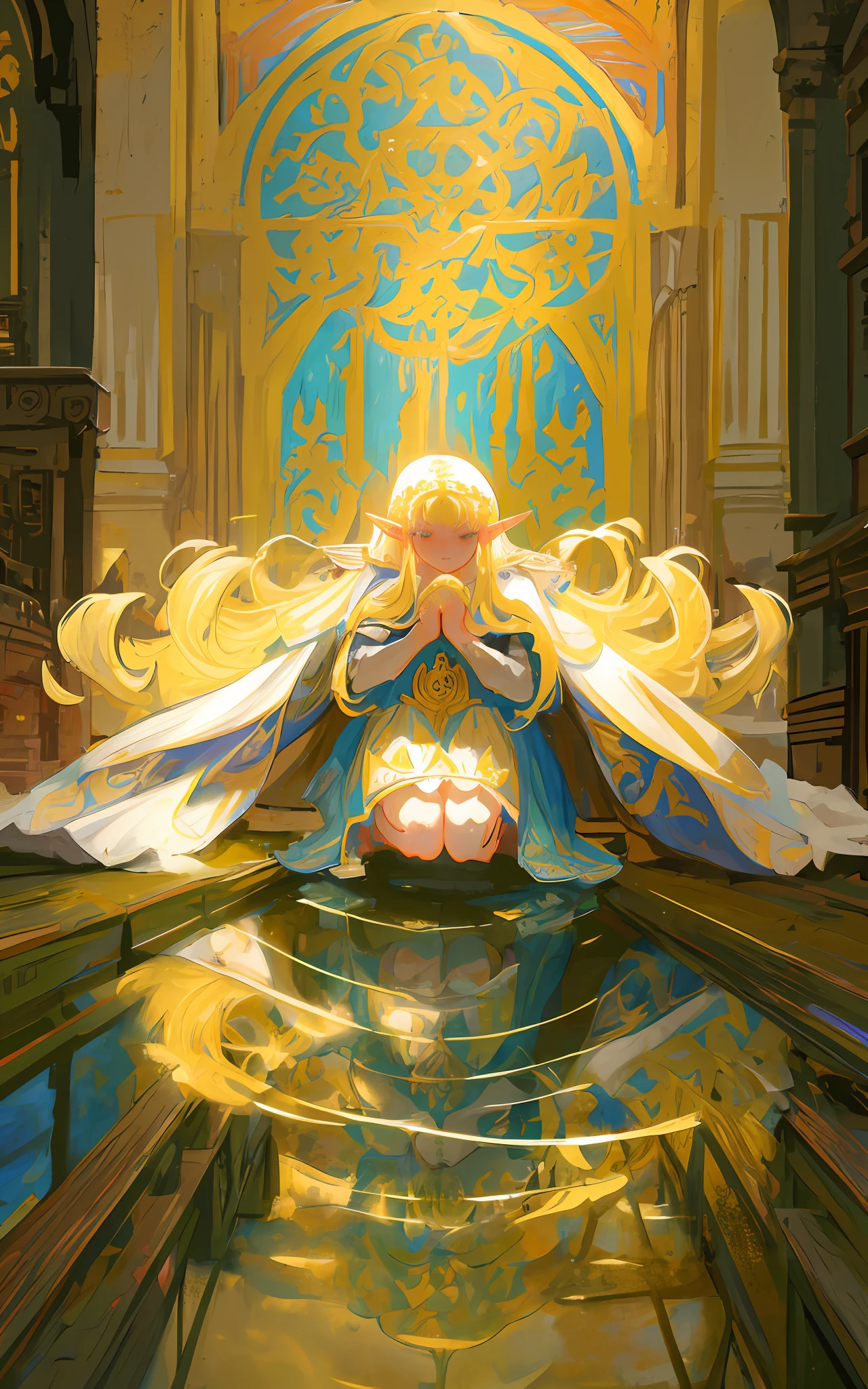 Middle Ages, a girl with a beautiful face, long blond hair, elf ears, in a flaxen dress, squats by a stream, praying, oil painting, Mucha