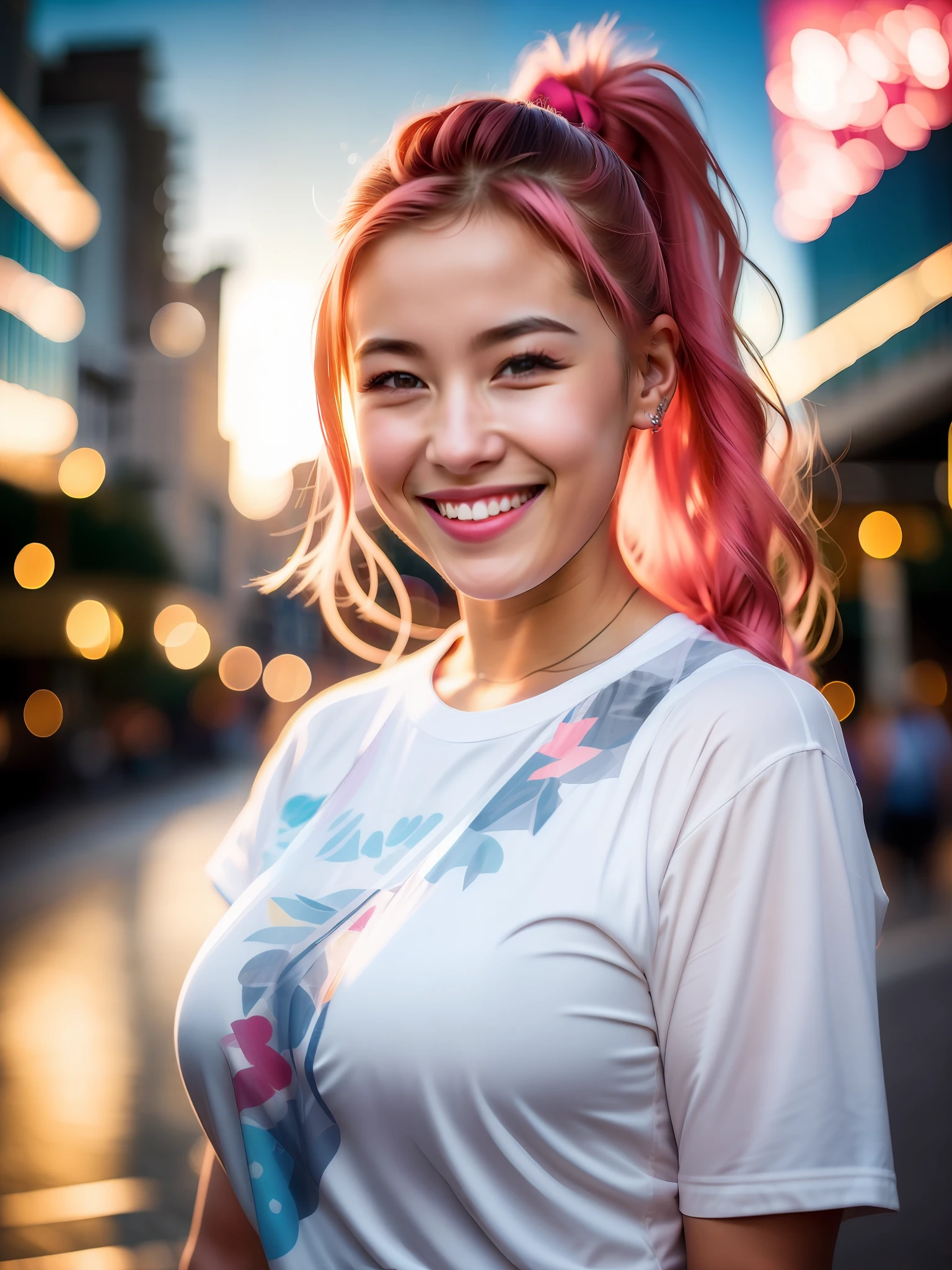 Portrait photo of a young girl, (laughter: 0.7), pink ponytail hair, huge boobs, realistic, complex city background, backlit, (movie: 1.5), epic realistic, super detailed, crazy Detail, Intricate Detail, Accent Lighting, Soft Volumetric Light, Bokeh, (Dramatic Light: 1.2), (Neutral Color: 1.3), Cross Processing