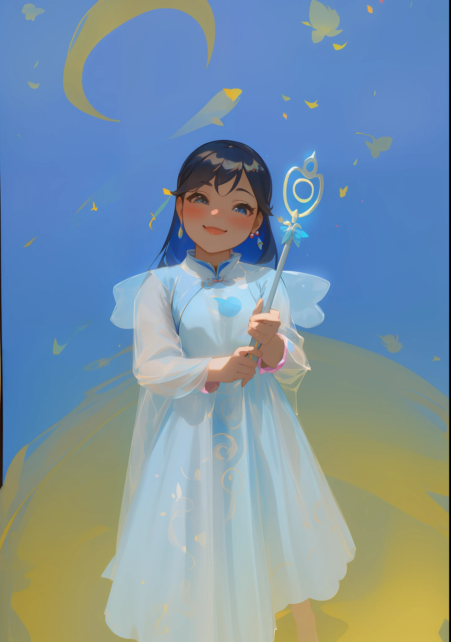 there is a that is holding a wand in her hand, in a blue qipao, wearing a plastic blue dress, little girlal powers, light blue dress portrait, wearing a blue qipao dress, blue swirling dress, chinese girl, smiling as a queen of fairies, with a blue background, in a fancy dress, inspired by Helen Frankenthaler