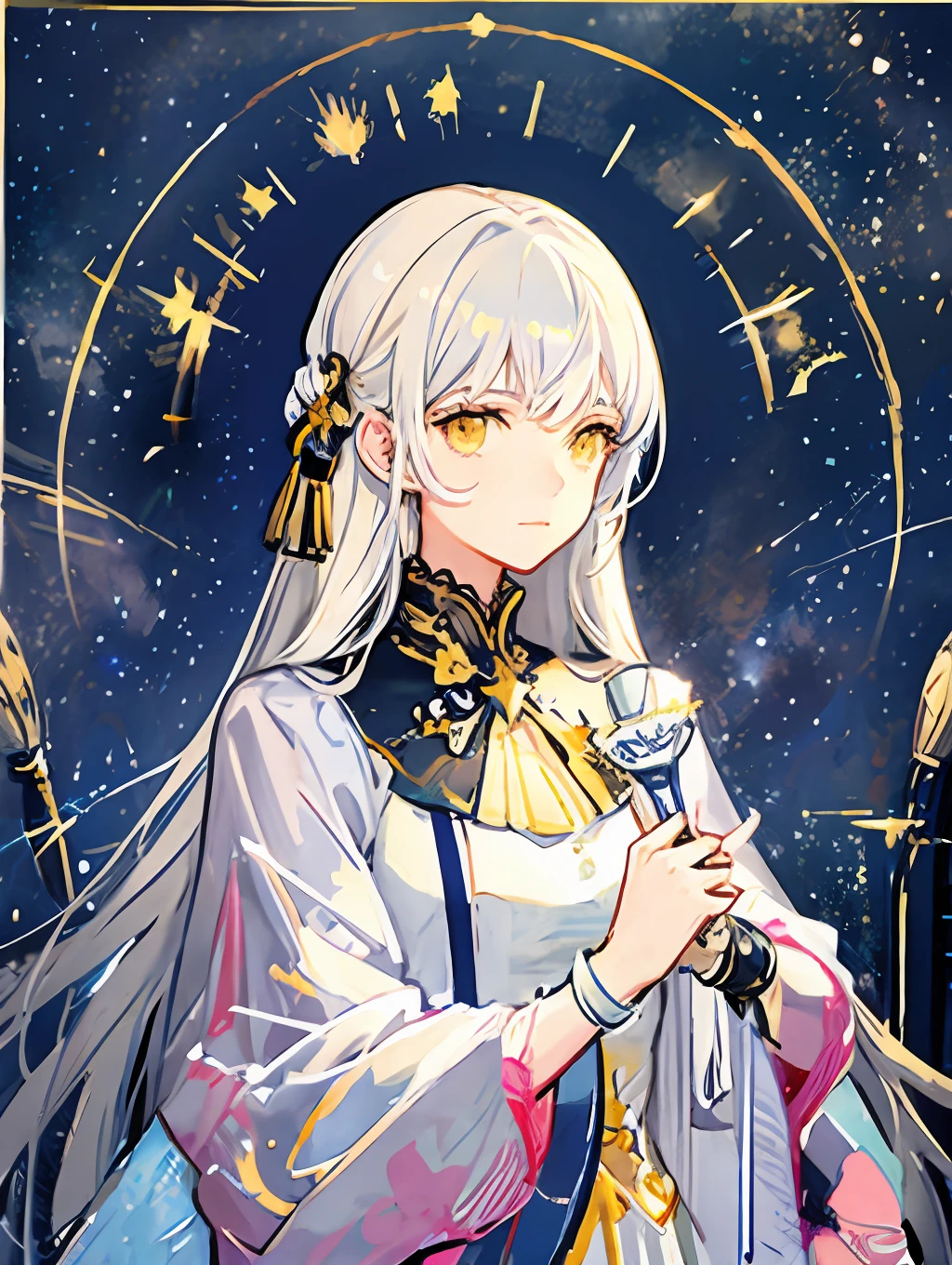 ((beautiful starry sky background)), ((best illustration)), ((film lighting)), classic, (painting: 1.1), (sketch: 1.1), (best quality), (masterpiece: 1.2), (anime style), 1 girl, (solo), beautiful detailed face, (cute face: 1.3), (yellow eyes), silver hair, (long hair), (golden dress),