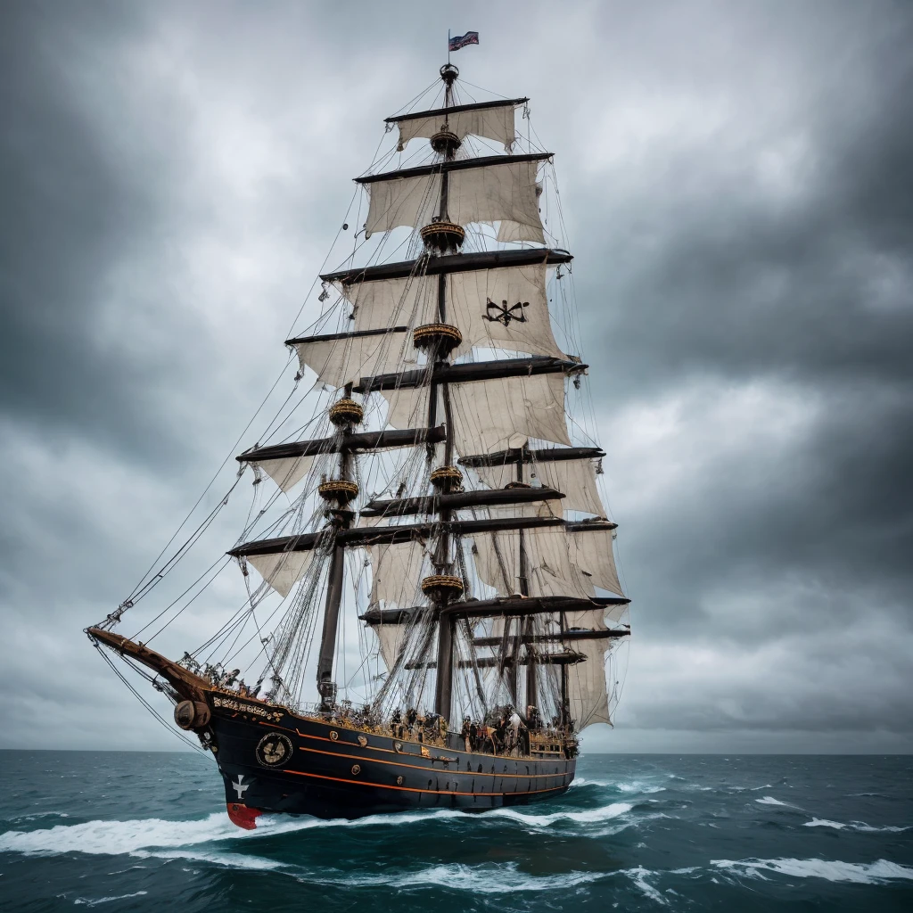 a super detailed  largte pirate ship ,  damaged pirate ship, in landscape shot, shot with sony alpha camera, ship standing in vast sea, big sea waves,  dark cloudy weather, an island  in the background,   4k quality photo, high resolution, high quality , photorealistic, super detailed, super detaileed photo, super detail texture,  little bit of raining , in front of ship there is a black skull logo,  torn up sail of ship, lots of pirates on the ship, 45degree angle shot of the ship deck,