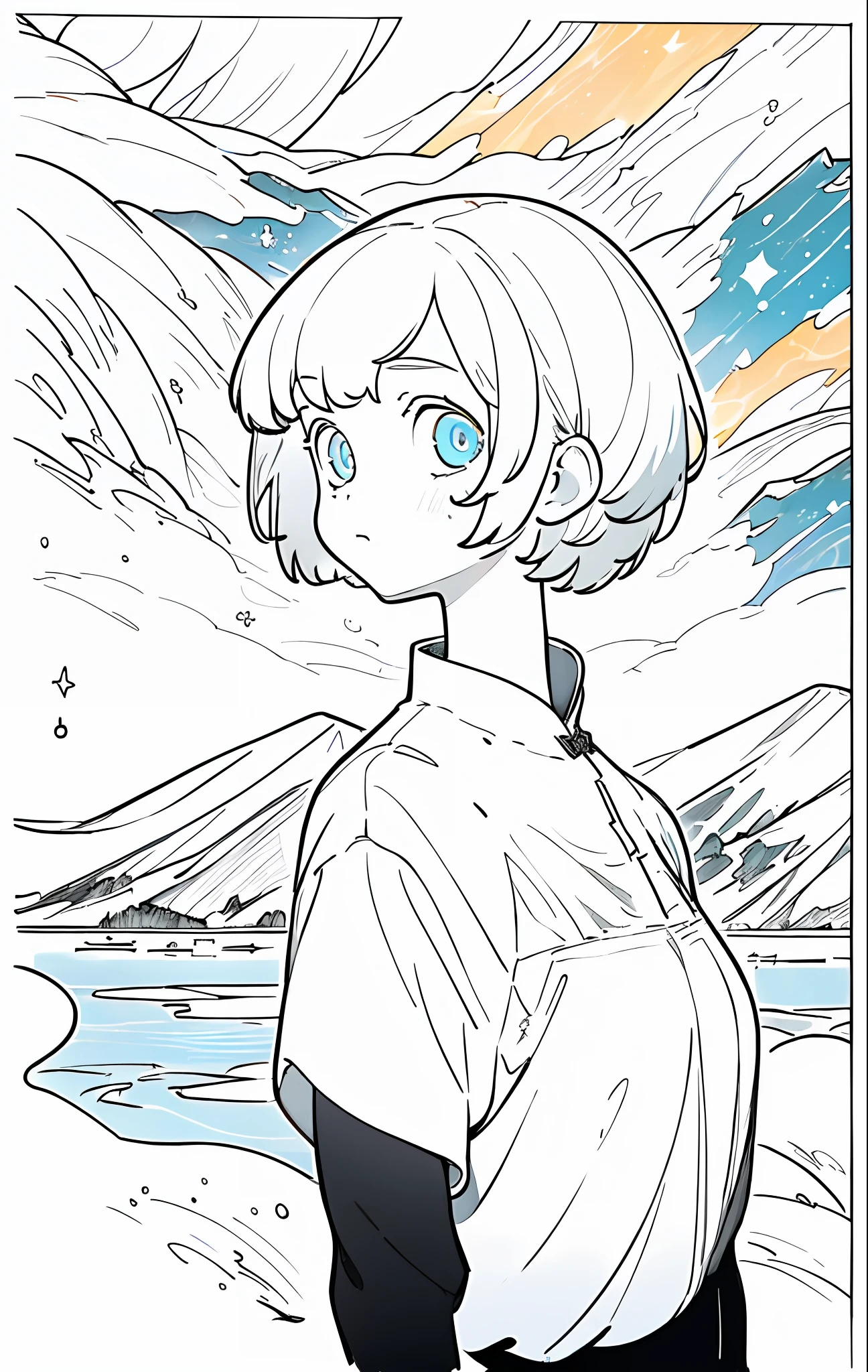(best quality, masterpiece), 1girl, particle, water and mountains, upper body, simple dark background, looking at viewer, short hair, modern clothes, galaxy