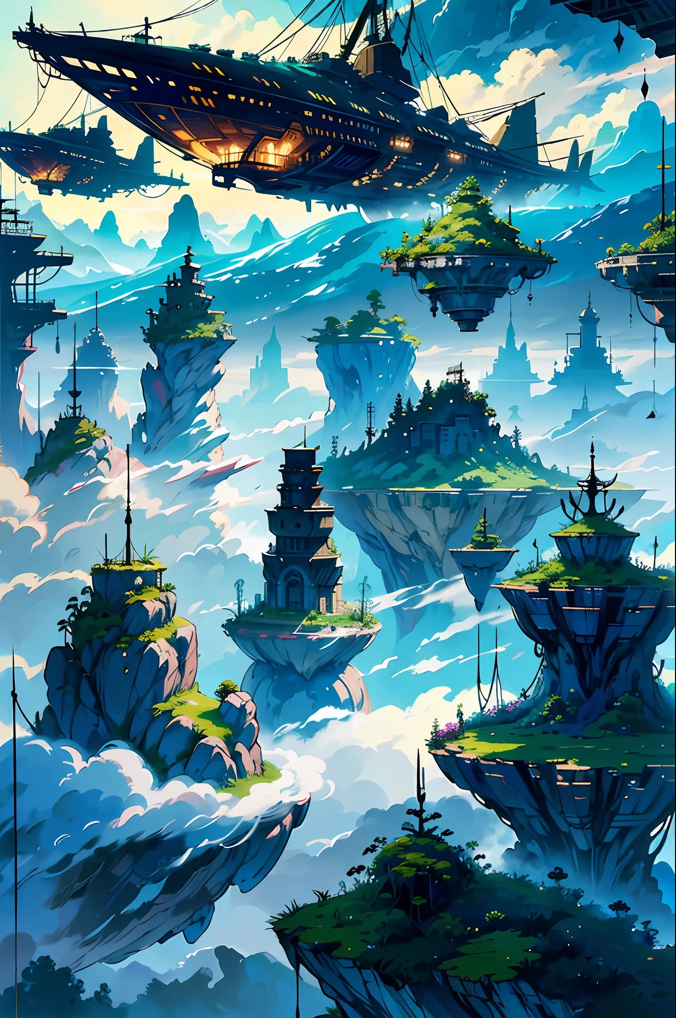 Many islands are suspended in the sky, large and small flying airships in the sky, cities, fantasy, growing magical plants, shrouded in mist, extreme details, realistic light, epic composition, (complex details), (super details: 1.2), Art Station, (Masterpiece, Best Quality, Ultra HD), 32k --v 6