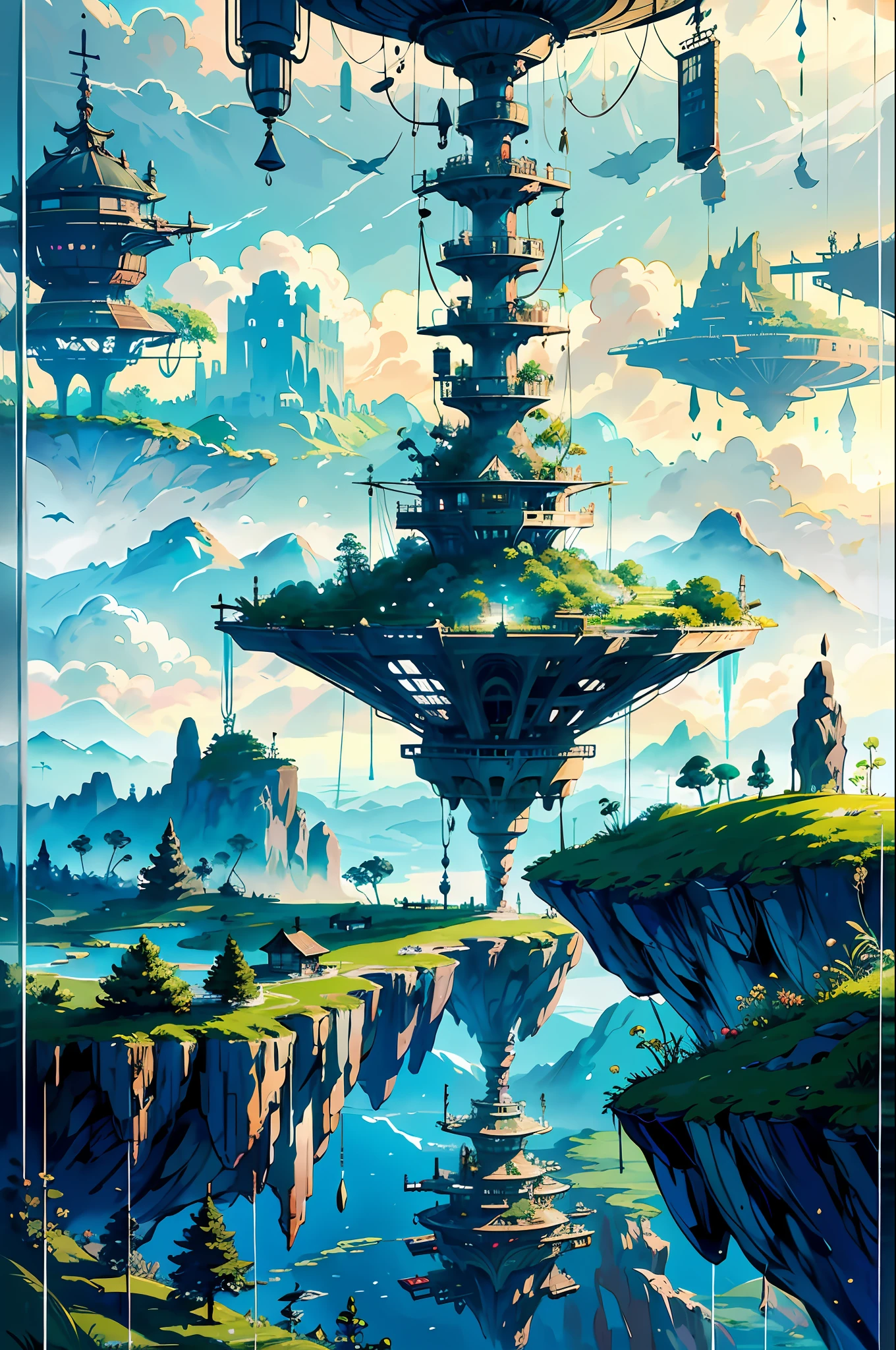 Many islands are suspended in the sky, large and small flying airships in the sky, cities, fantasy, growing magical plants, shrouded in mist, extreme details, realistic light, epic composition, (complex details), (super details: 1.2), Art Station, (Masterpiece, Best Quality, Ultra HD), 32k --v 6