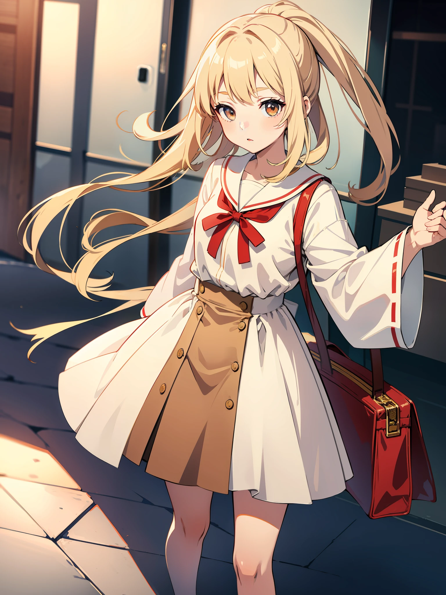(anime style), cute anime girl, japanese anime girl, Hayao Miyazaki style, delicate pretty face, araffe woman wearing beige skirt and white shirt and tan purse, cropped shirt with jacket, korean female fashion model, loose Coat collar sailor uniform, bae suzy, wearing long flowing dress, elegant slim beige shirt, ulzzang, short wide sleeves, jinyoung shin, cream colored blouse, sha xi, white trendy clothes