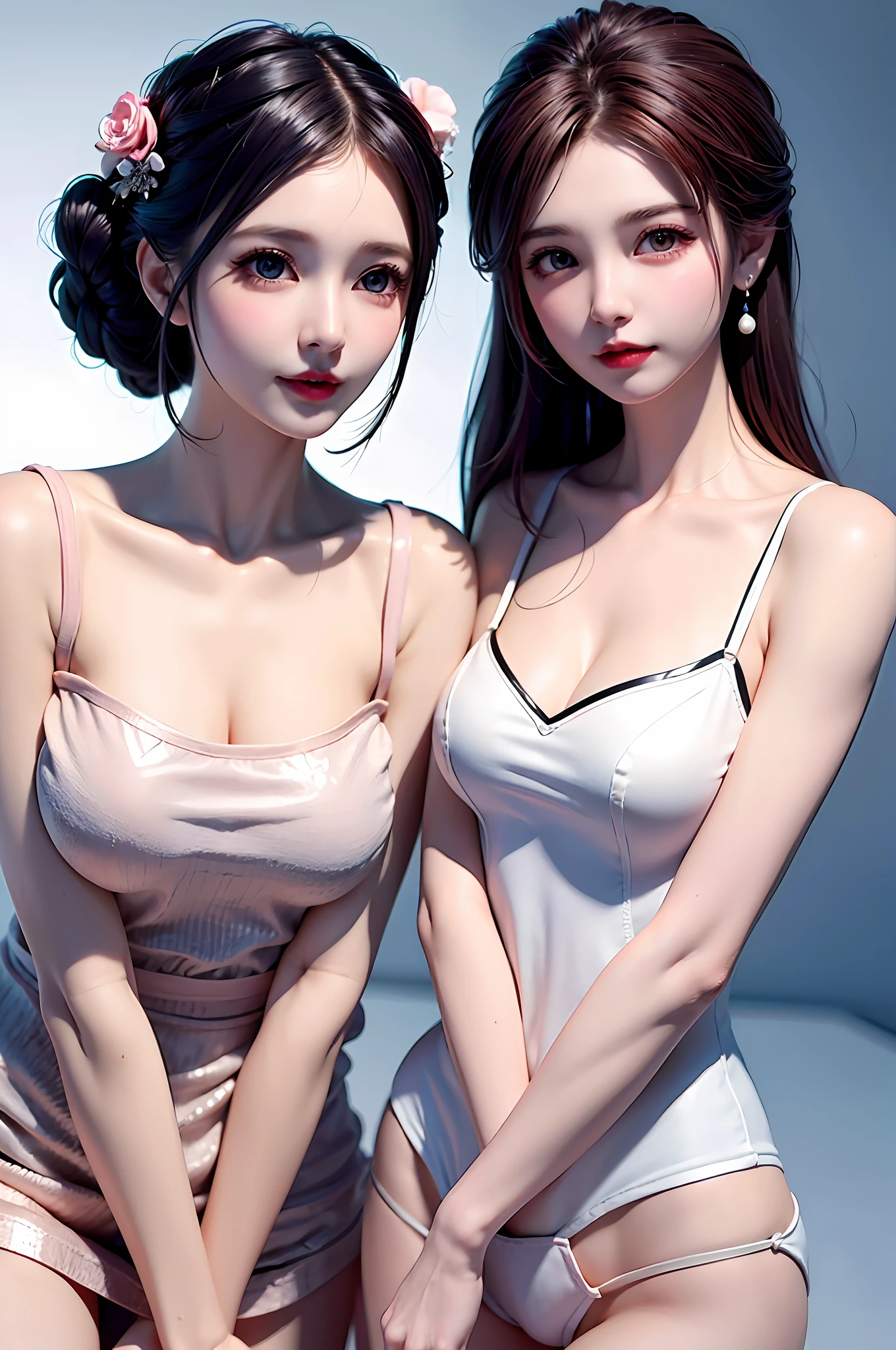 Gentle and beautiful woman, half body photo, delicate and sexy collarbone, charming oval face, double eyelids, smart peach blossom eyes, pink lips, small nose, bare shoulders, focused face, face close-up, ultra-high-definition, super Details, elegant standing, gray Hong Kong style retro chic suit for women summer loose Korean version of ins fried street short-sleeved shorts casual sportswear two-piece set