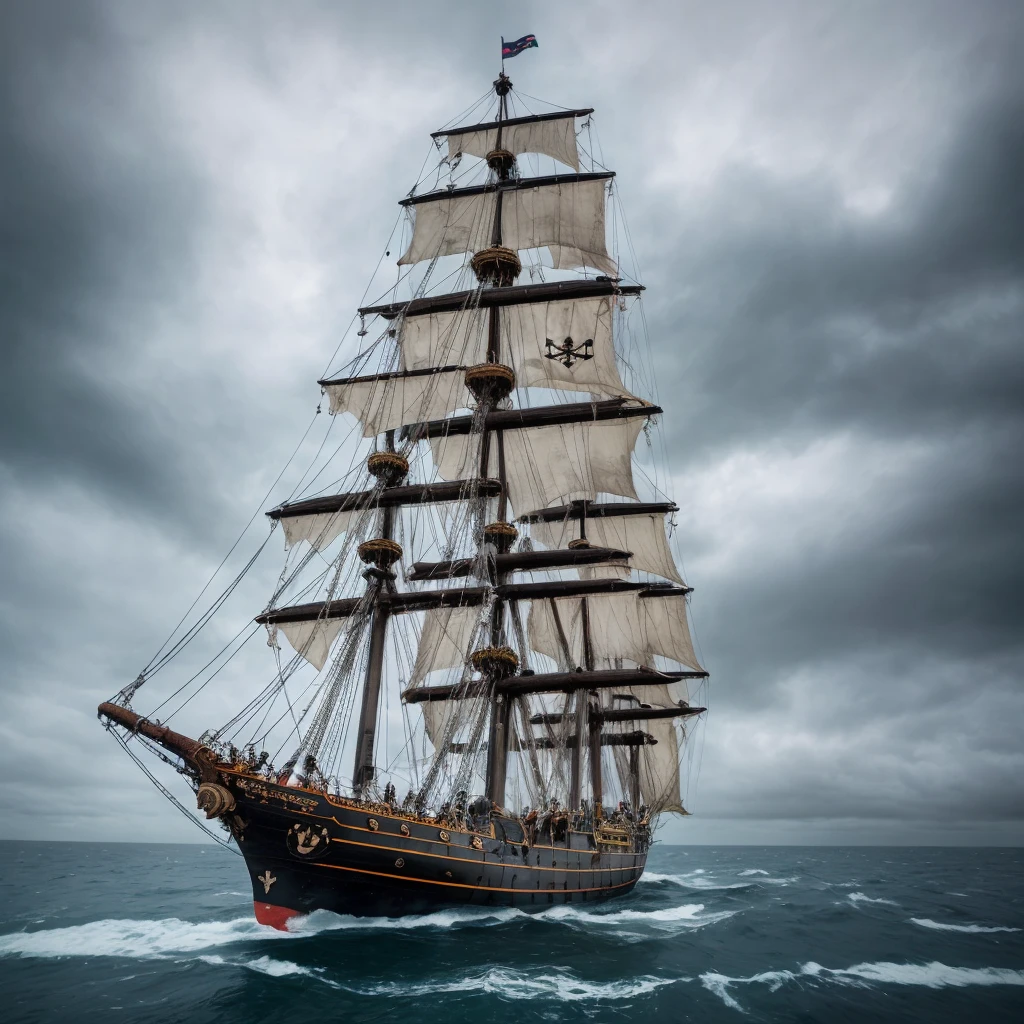a super detailed largte pirate ship , damaged pirate ship, in landscape shot, shot with sony alpha camera, ship standing in vast sea, big sea waves, dark cloudy weather, an island in the background, 4k quality photo, high resolution, high quality , photorealistic, super detailed, super detaileed photo, super detail texture, little bit of raining , in front of ship there is a black skull logo, torn up sail of ship, lots of pirates on the ship, 45degree angle shot of the ship deck, make more darker weather