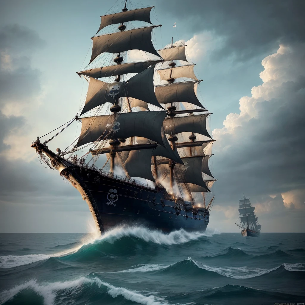a super detailed largte pirate ship , damaged pirate ship, in landscape shot, shot with sony alpha camera, ship standing in vast sea, sea waves, dark cloudy weather, an island in the background, 4k quality photo, high resolution, high quality , photorealistic, super detailed, super detaileed photo, super detail texture, little bit of raining , in front of ship there is a black skull logo, torn up sail of ship, lots of pirates on the ship, 45degree angle shot of the ship deck,  dark environment , scary ship look,  dark vibe, skeleton hanging at sail