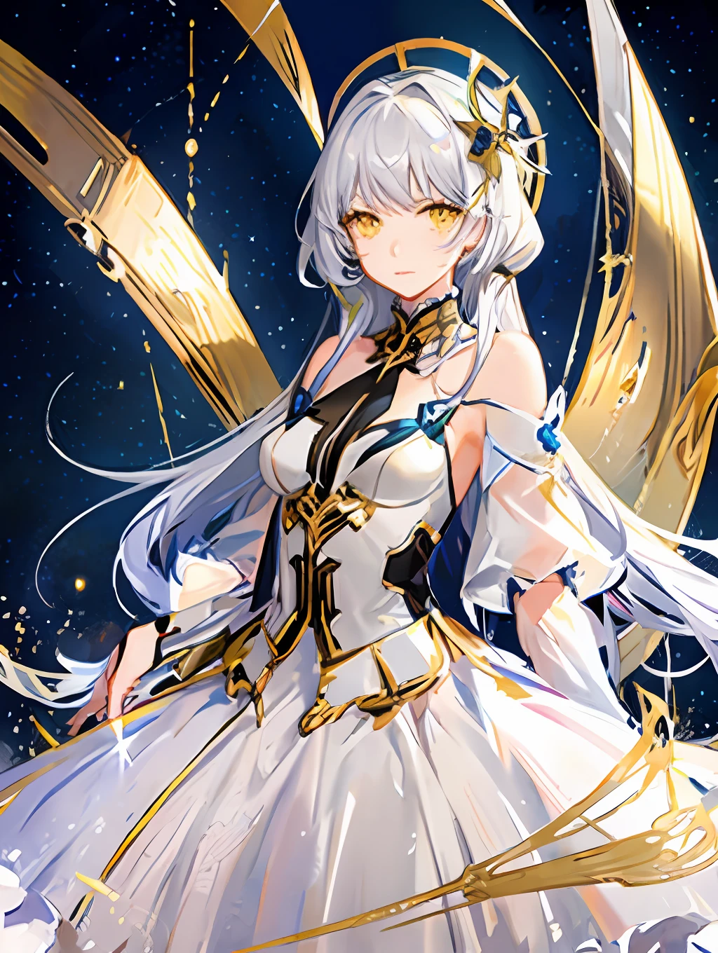 beautiful starry sky background, ((film lighting)), classic, (masterpiece), (anime style), 1 girl, (solo), beautiful detailed face, (cute face: 1.3), (yellow eyes), silver hair , (long hair), (gold dress), hd,