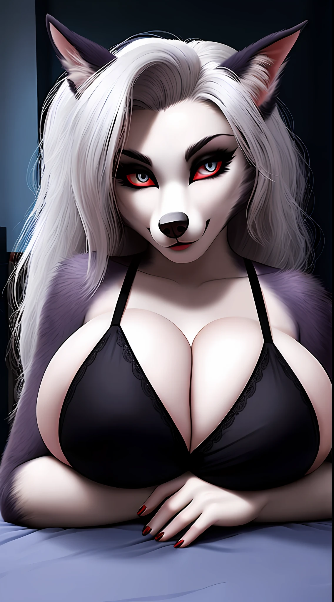uploaded on e621, nsfw, raw photo, realistic, anthro, detailed face, detailed fur, snout, helluva boss, loona hellhound, loona, huge breasts, cleavage, small bra, in bedroom, laying down, (((breast squish))), dark, dark lighting, shadows, night, leaning, bra overflowing, tight bra, (cleavage overflow), chubby