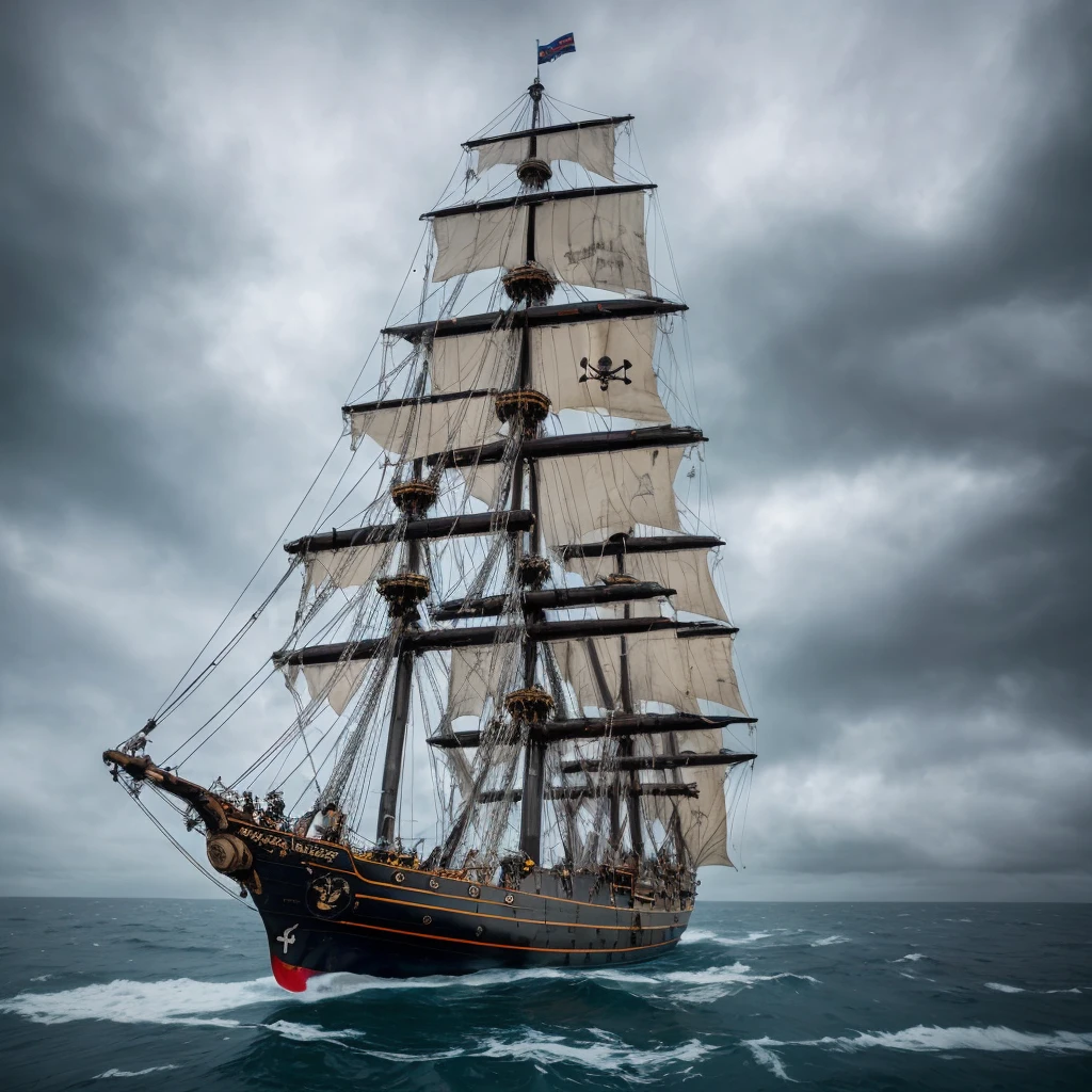 a super detailed largte pirate ship , damaged pirate ship, in landscape shot, shot with sony alpha camera, ship standing in vast sea, big sea waves, dark cloudy weather, an island in the background, 4k quality photo, high resolution, high quality , photorealistic, super detailed, super detaileed photo, super detail texture, little bit of raining , in front of ship there is a black skull logo, torn up sail of ship, lots of pirates on the ship, 45degree angle shot of the ship deck, make more darker weather