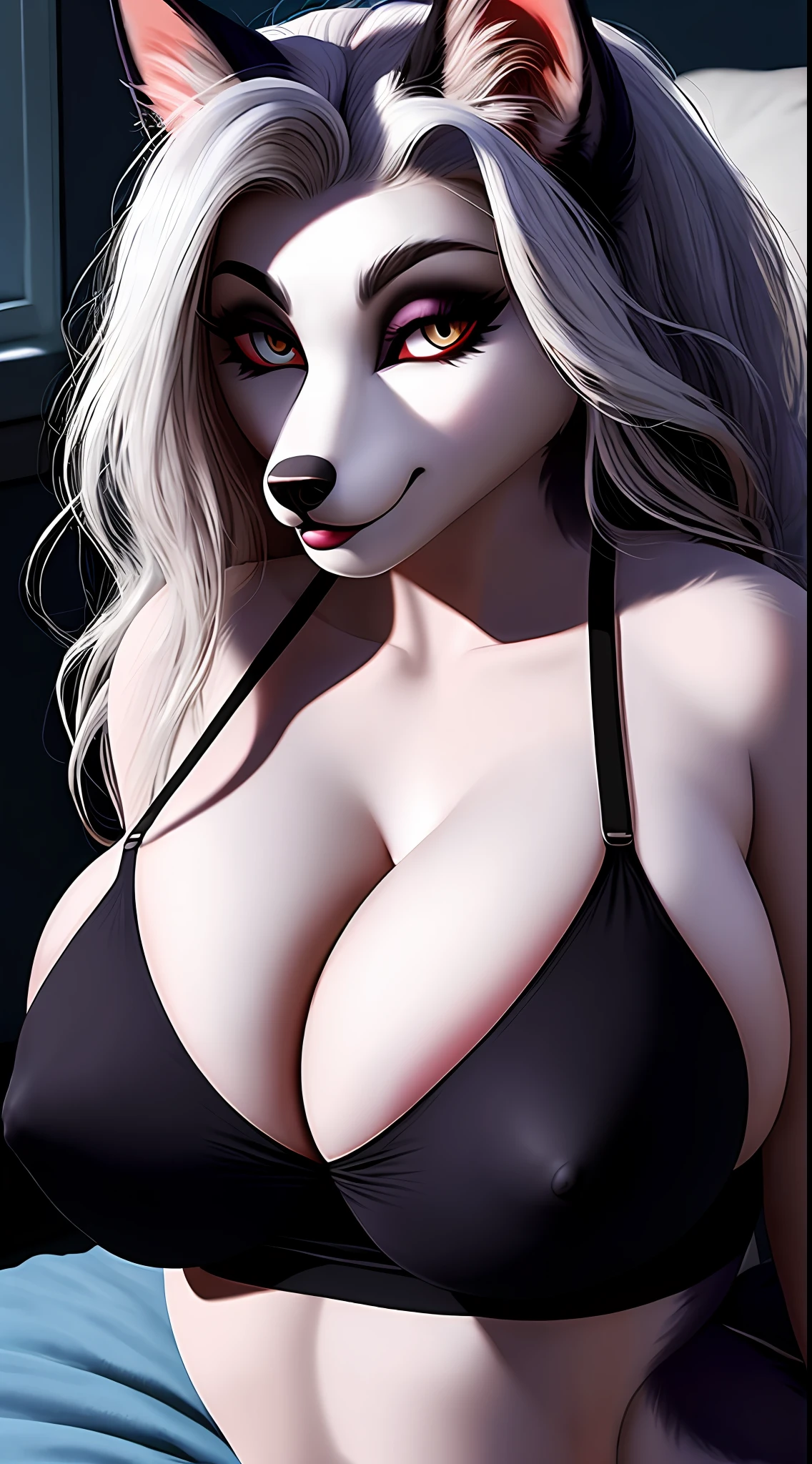 uploaded on e621, nsfw, raw photo, realistic, anthro, detailed face, detailed fur, snout, helluva boss, loona hellhound, loona, big breasts, cleavage, crop top, in bedroom, laying down, ((breast squish)), dark, dark lighting, shadows, night, leaning, bra overflowing, tight bra, nipple outline, big nipple