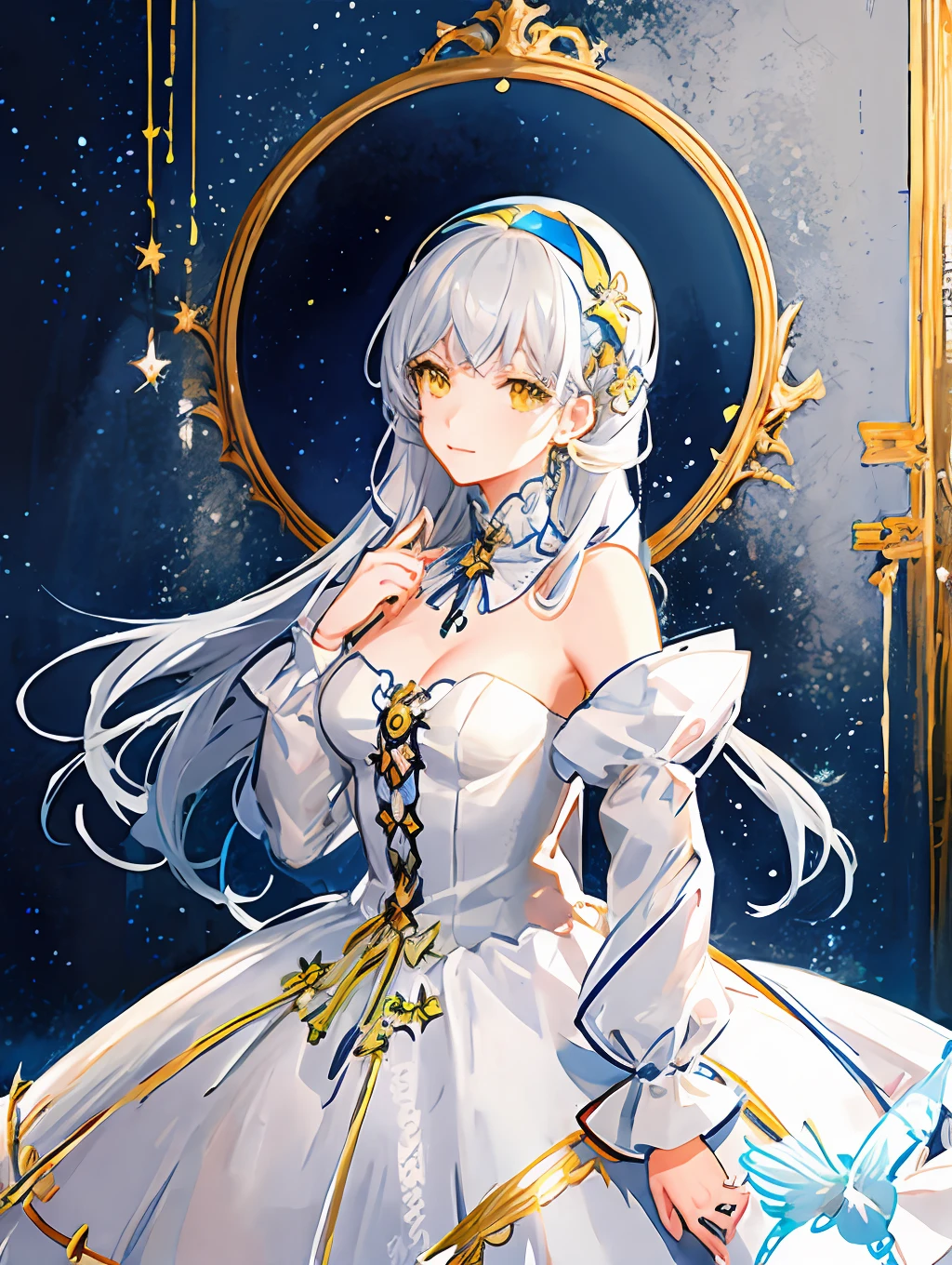 ((beautiful starry sky background)), ((best illustration)), ((film lighting)), classic, (painting: 1.1), (sketch: 1.1), (best quality), (masterpiece: 1.2), (anime style), 1 girl, (solo), beautiful detailed face, (cute face: 1.3), (yellow eyes), silver hair, (long hair), (golden dress),