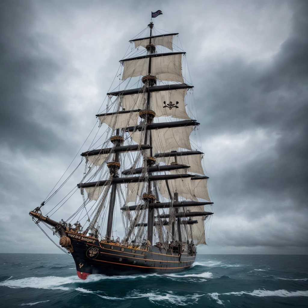 a super detailed largte pirate ship , damaged pirate ship, in landscape shot, shot with sony alpha camera, ship standing in vast sea, big sea waves, dark cloudy weather, an island in the background, 4k quality photo, high resolution, high quality , photorealistic, super detailed, super detaileed photo, super detail texture, little bit of raining , in front of ship there is a black skull logo, torn up sail of ship, lots of pirates on the ship, 45degree angle shot of the ship deck, make more darker weather