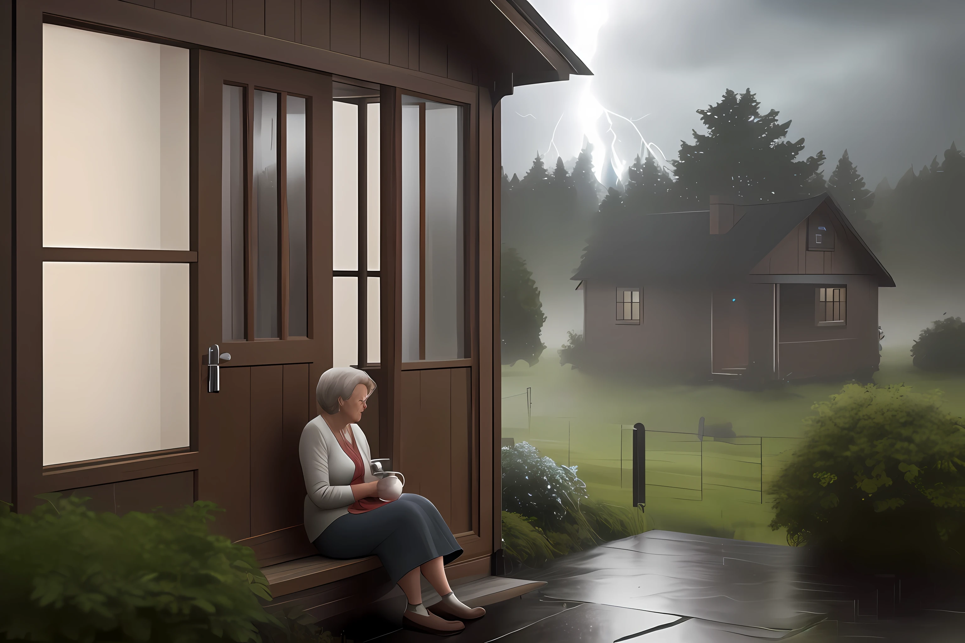 Small house inside, 55 years old woman sitting at the door drinking tea, heavy rain, lightning, tree, high quality image, ultra realistic details, 8k