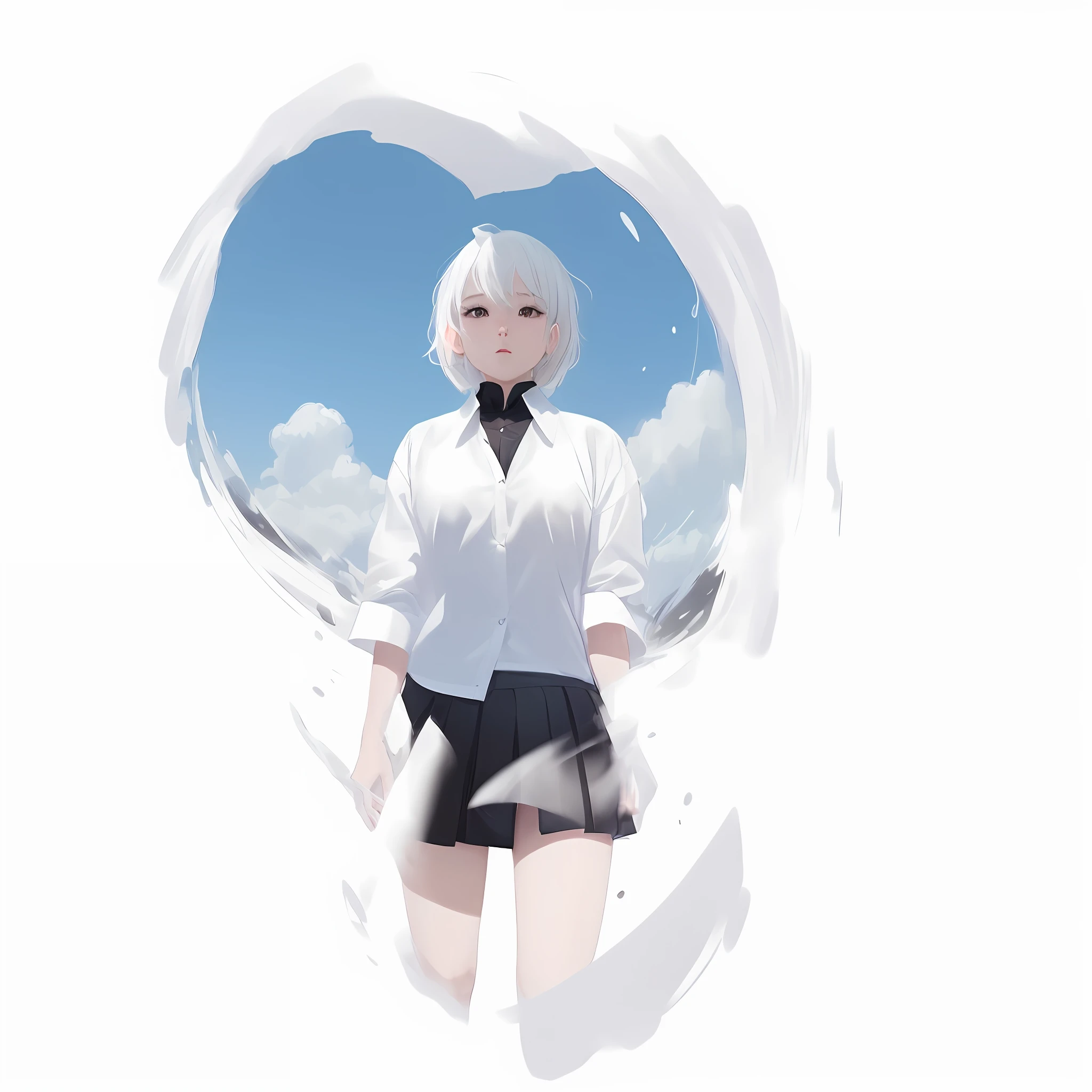 ((masterpiece, best quality)), (1girl), (solo), (female focus), (ahoge, white hair, short hair), black eyes, ((white shirt), (buttoned shirt)), ( (black skirt), (short skirt)), standing, white background, 2d cartoon style drawing
