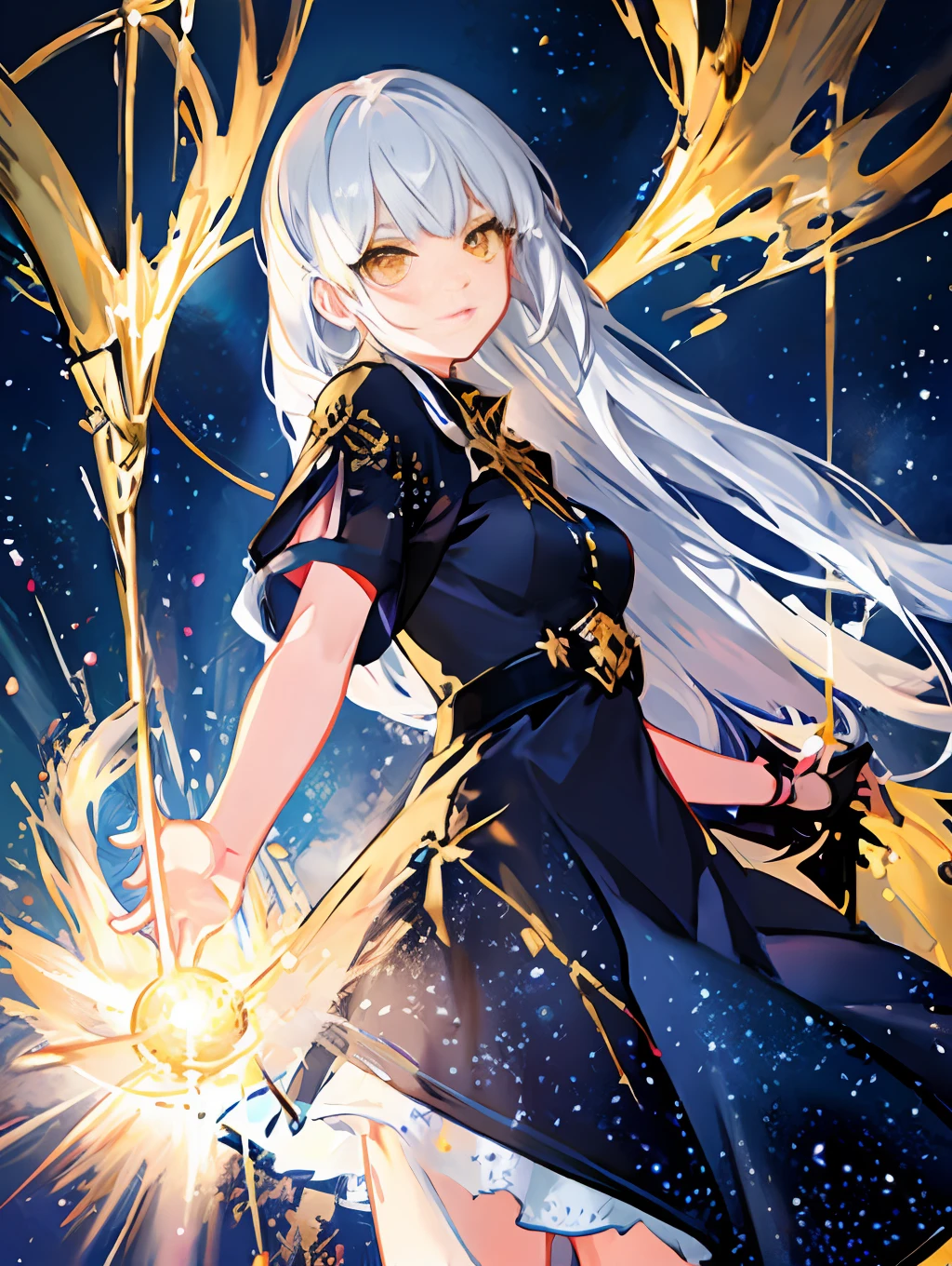 HD, 4K, beautiful starry sky background, ((film lighting)), (masterpiece), (anime style), 1 girl, (solo), beautiful detailed face, (yellow eyes), silver hair, (long hair) , (Golden dress),