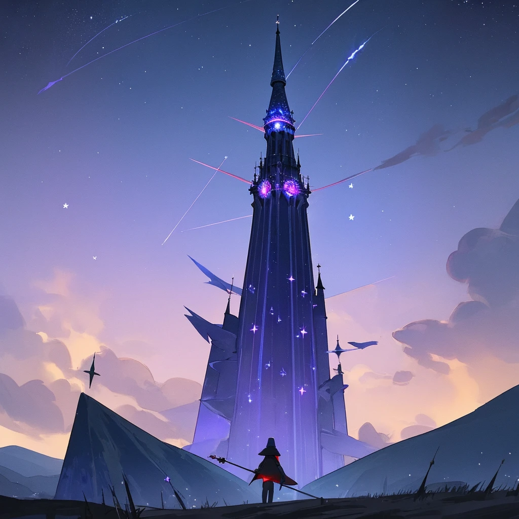 Tower of god, stars, starry night, dark tower, blue tower, red tower, dim tower, spear, violet spear, night spear, sky spear, god