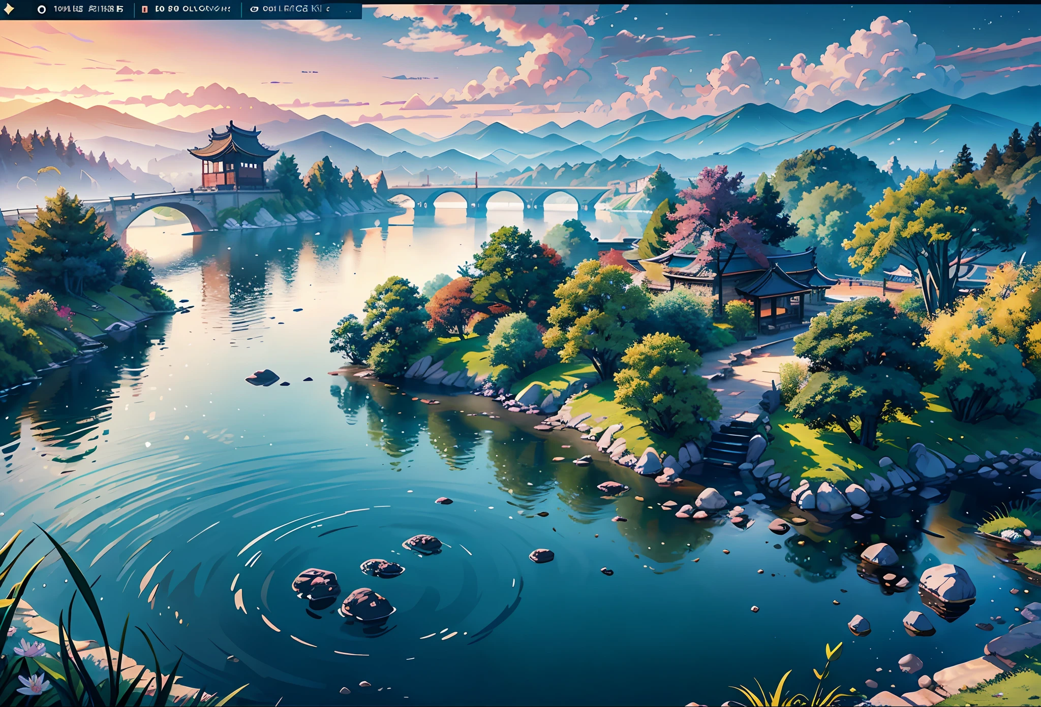 Ancient Chinese architecture, moon, midnight, garden, bamboo, lake, stone bridge, rockery, arch, corner, tree, running water, landscape, outdoor, waterfall, grass, rock, water lily, hot spring, water vapor, (Illustration: 1.0), Epic Composition, Realistic Lighting, HD Details, Masterpiece, Best Quality, (Very Detailed CG Unity 8k) --v 6