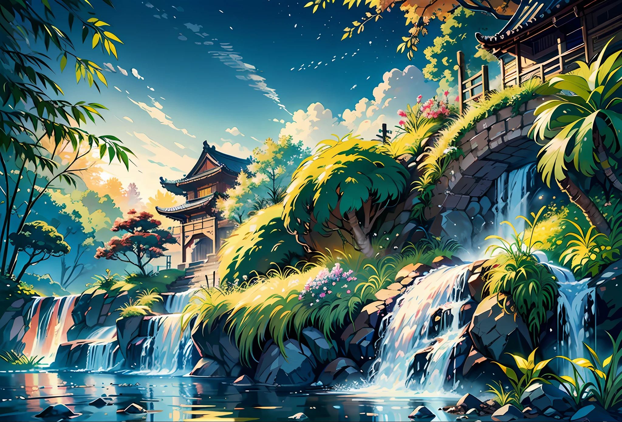 Ancient Chinese architecture, moon, midnight, garden, bamboo, lake, stone bridge, rockery, arch, corner, tree, running water, landscape, outdoor, waterfall, grass, rock, water lily, hot spring, water vapor, (Illustration: 1.0), Epic Composition, Realistic Lighting, HD Details, Masterpiece, Best Quality, (Very Detailed CG Unity 8k) --v 6