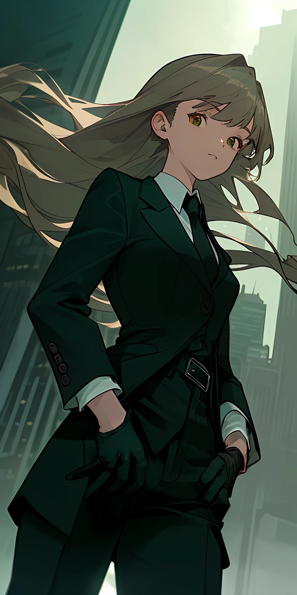 (masterpiece, best quality),(((from below, depth of field, dutch angle, green lighting))), floating hair, 1girl, solo, formal, hand in pocket, suit, black gloves, building, looking at viewer, black necktie, fingerless gloves, white shirt, city, outdoors, black jacket, belt, black pants, collared shirt, brown eyes, standing, long sleeves, grey hair, cityscape, open jacket, cowboy shot, skyscraper, black suit, night, pant suit, very long hair