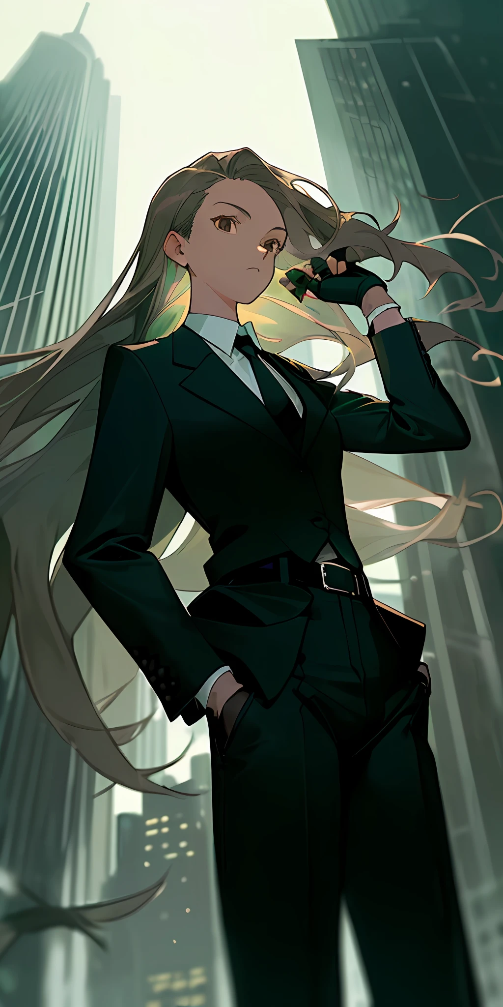 (masterpiece, best quality),(((from below, depth of field, dutch angle, green lighting))), floating hair, 1girl, solo, formal, hand in pocket, suit, black gloves, building, looking at viewer, black necktie, fingerless gloves, white shirt, city, outdoors, black jacket, belt, black pants, collared shirt, brown eyes, standing, long sleeves, grey hair, cityscape, open jacket, cowboy shot, skyscraper, black suit, night, pant suit, very long hair