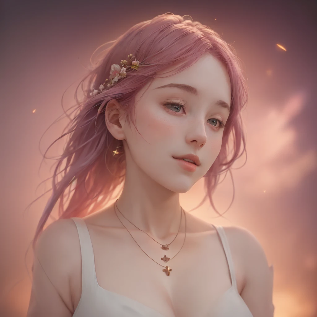 best quality, masterpiece, high_res, 1girl, hair ornament, necklace, jewelry, Beautiful face, tyndall effect, photo realistic, rim lighting, two tone lighting, (high detailed skin:1.2), 8k uhd, dslr, soft lighting, high quality, volumetric lighting, candid, Photograph, high resolution, 4k, 8k, Bokeh, medium breasts, breasts out, absurdres, pink hair, view of the body from head to knees,