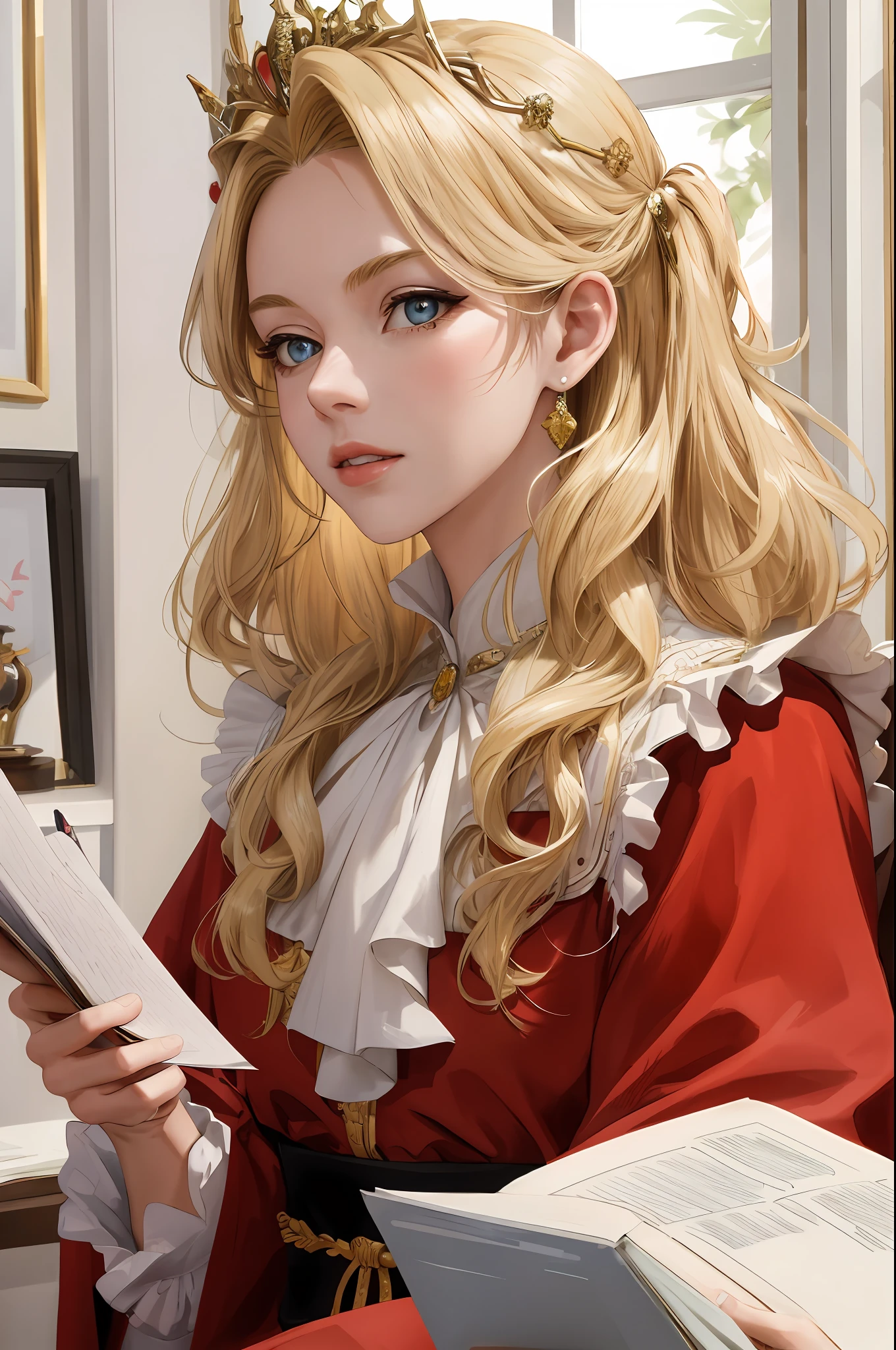 (Masterpiece: 1.2, Best Quality), Realistic, (Realistic Picture, Complex Details, Depth of Field), Best Quality, Masterpiece, Highly Detailed, Semi Realistic, 1 Girl, Mature, 21 Years Old, Blonde Hair, Shoulder Length Short Long Hair, Long-haired left eye, blue pupils, royal clothes, red cloak, slim body, precious gold crown, reading documents, quill pen, office desk, soft stool