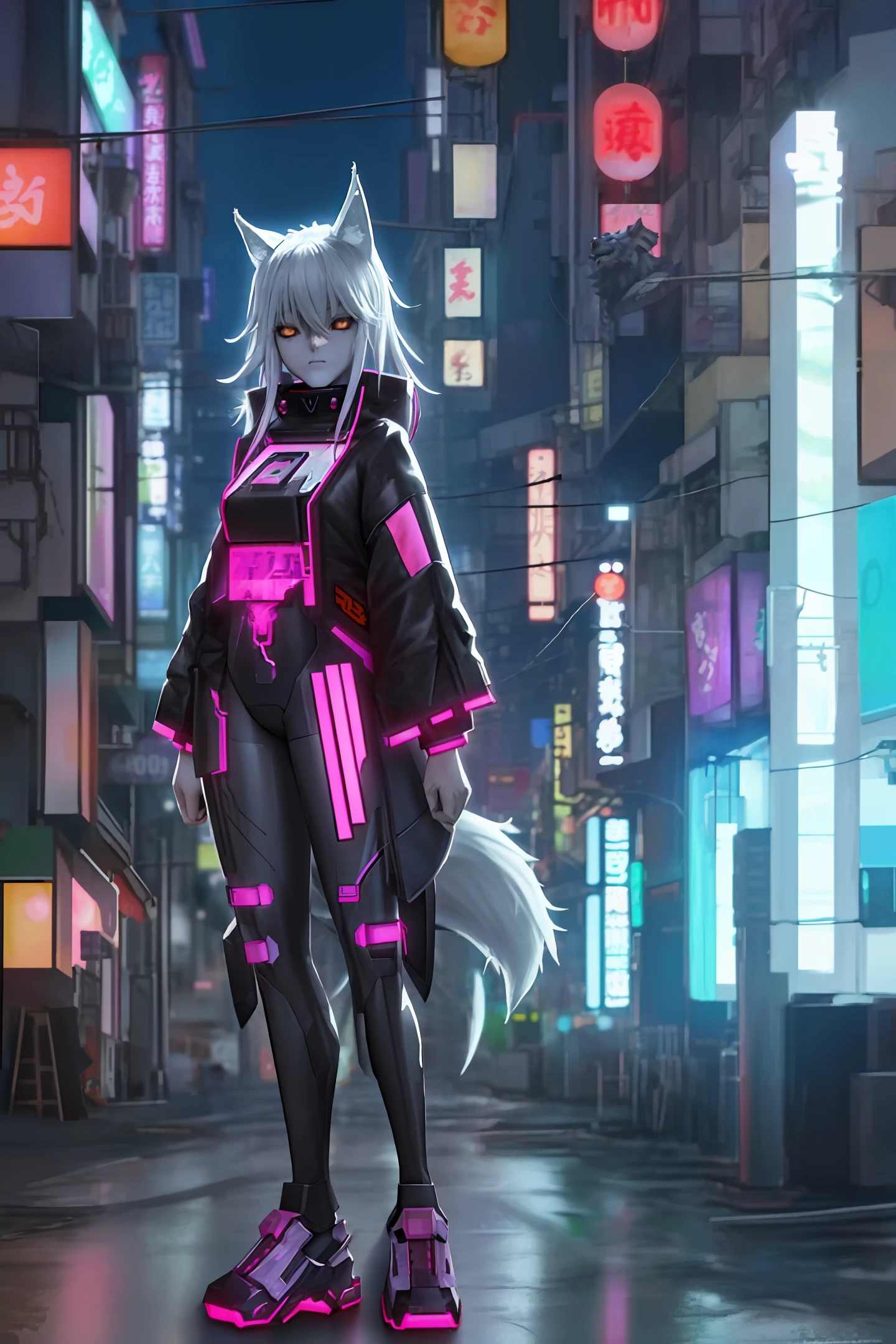 day time, japanese anime style, colorful cyberpunk city in hong kong, human wearing wolf mask, load wire, perfect proportion, distant view, 8K picture quality, delicate picture,loish, jeremy mann, full body shot, character sheet, lightningwave, 3d, cgi, glowing neon, streetwear outfit, character design --v 5 --ar 9:16 --chaos 30 --iw 1 --s 2 --seed 100000 --niji --q 4 --uplight --stop 100