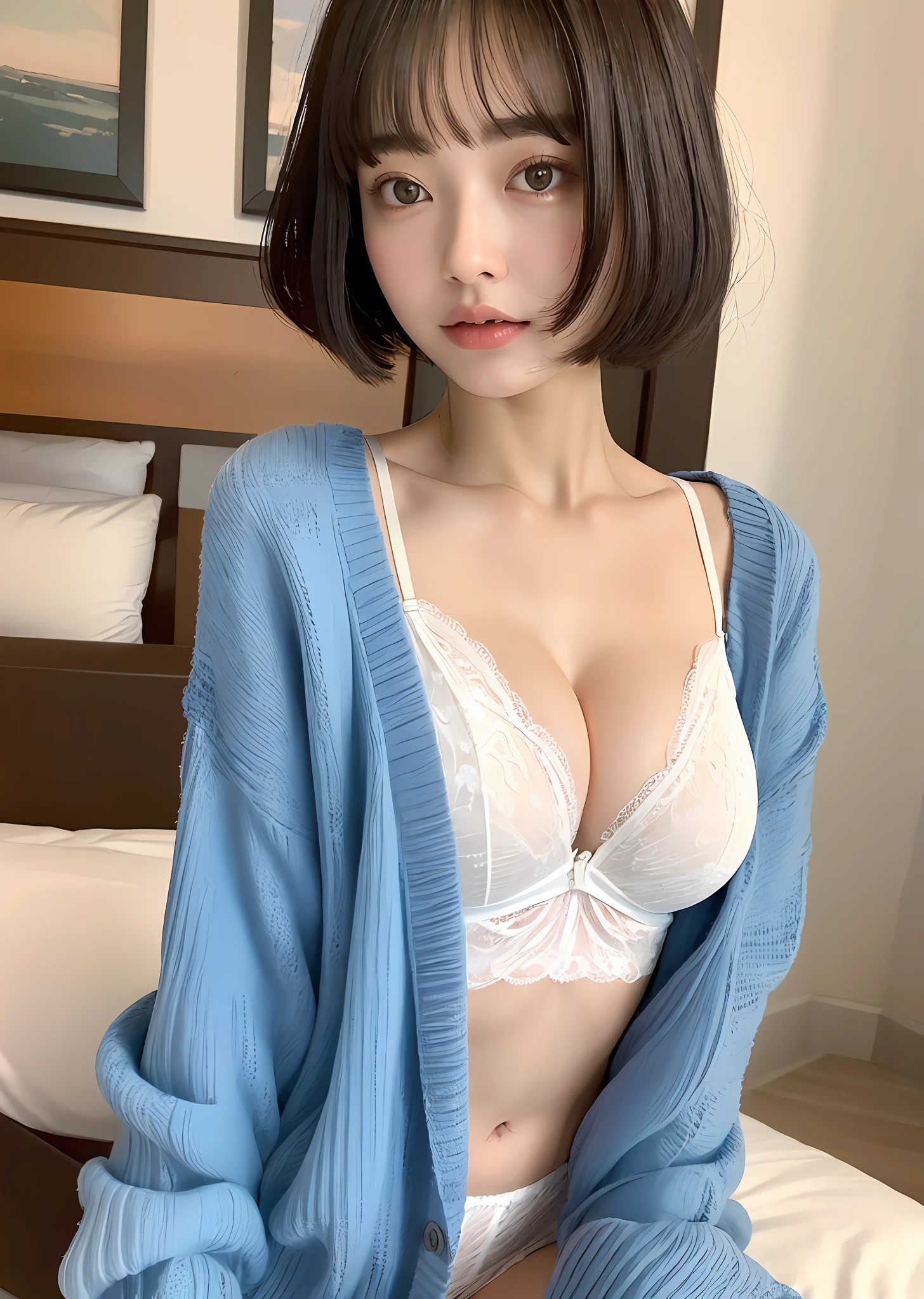 ((Best quality, 8k, Masterpiece: 1.3)), (Kanna Hashimoto), (front: 100), (full body: 100), Shanghai, 1girl, beauty with abs: 1.3, (cute and pitiful: 5) (middle Short hair, big breasts: 1), (cardigan: 5), (low cut: 3) (navel leakage: 2), (white lace underwear), super detailed face, detailed eyes, double eyelids