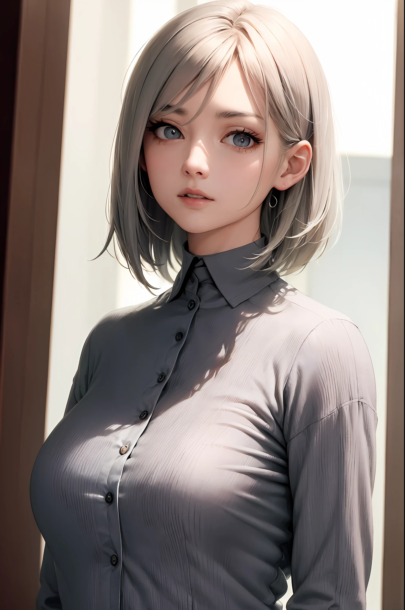 masterpiece, exquisite, 1 woman, upper body, gray hair, bright eyes, shirt,