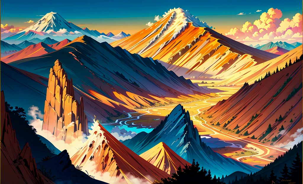 EXtparameters Sacred Andes, at Golden hour, Folded Energy, (masterpiece, top quality, best, official art, beautiful and aesthetic:1.2),