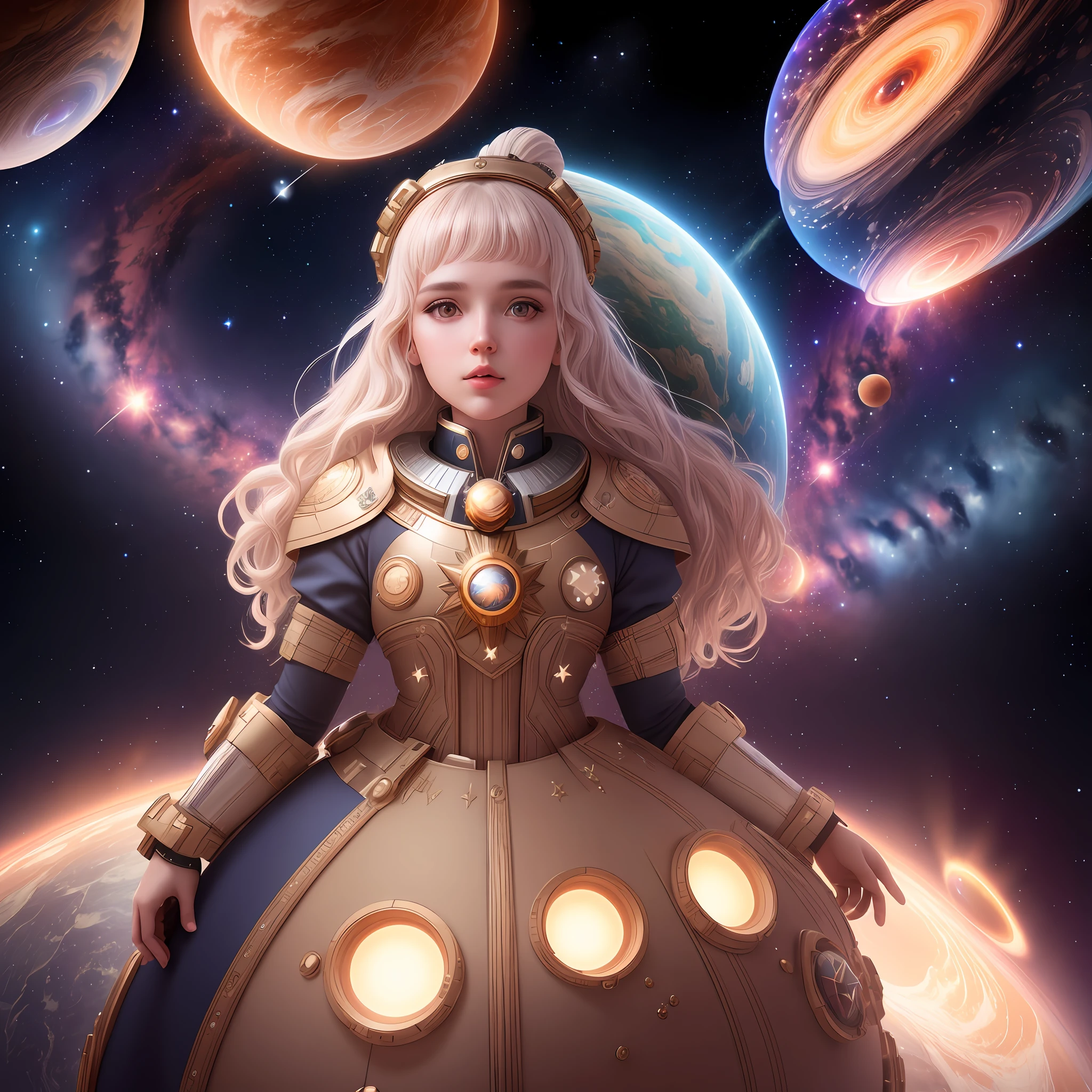 star girl.in universe with giant planets and stars,Ultra realistic,High image quality,8k,intricate complex fantasy design