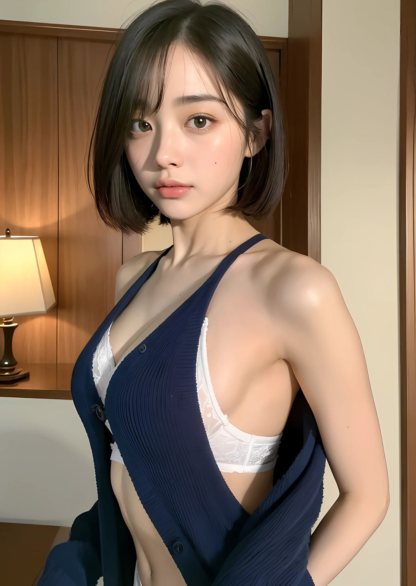 ((Best quality, 8k, Masterpiece: 1.3)), (Kanna Hashimoto), (Front: 100), Shanghai, 1girl, beauty with abs: 1.3, (cute and pitiful: 5) (short and medium hair, big breasts: 1) , (cardigan: 5), (low cut: 3) (navel leak: 2), (white lace underwear), super detailed face, detailed eyes, double eyelids