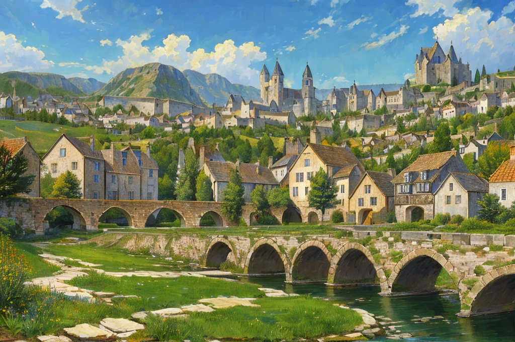 Medieval suburbs, green meadows, distant forests, medieval towns, streams, stone bridges, streets, chimneys, realistic lighting, rich textures, realistic details, a masterpiece.