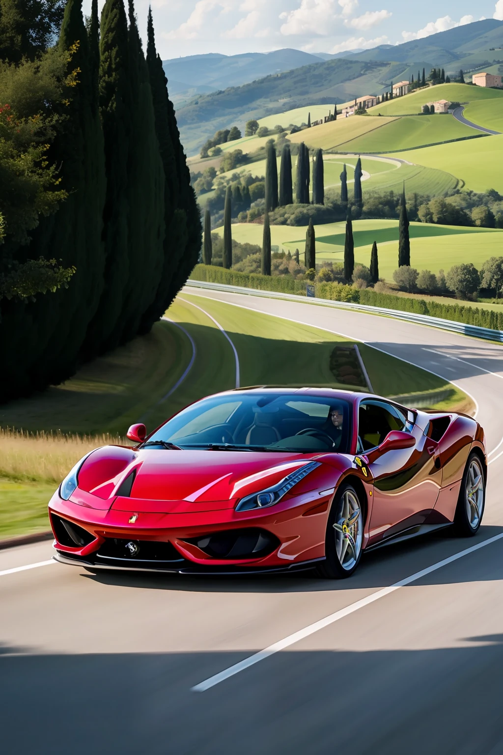 a red ferrari speeding along the roads of Tuscany, Italy