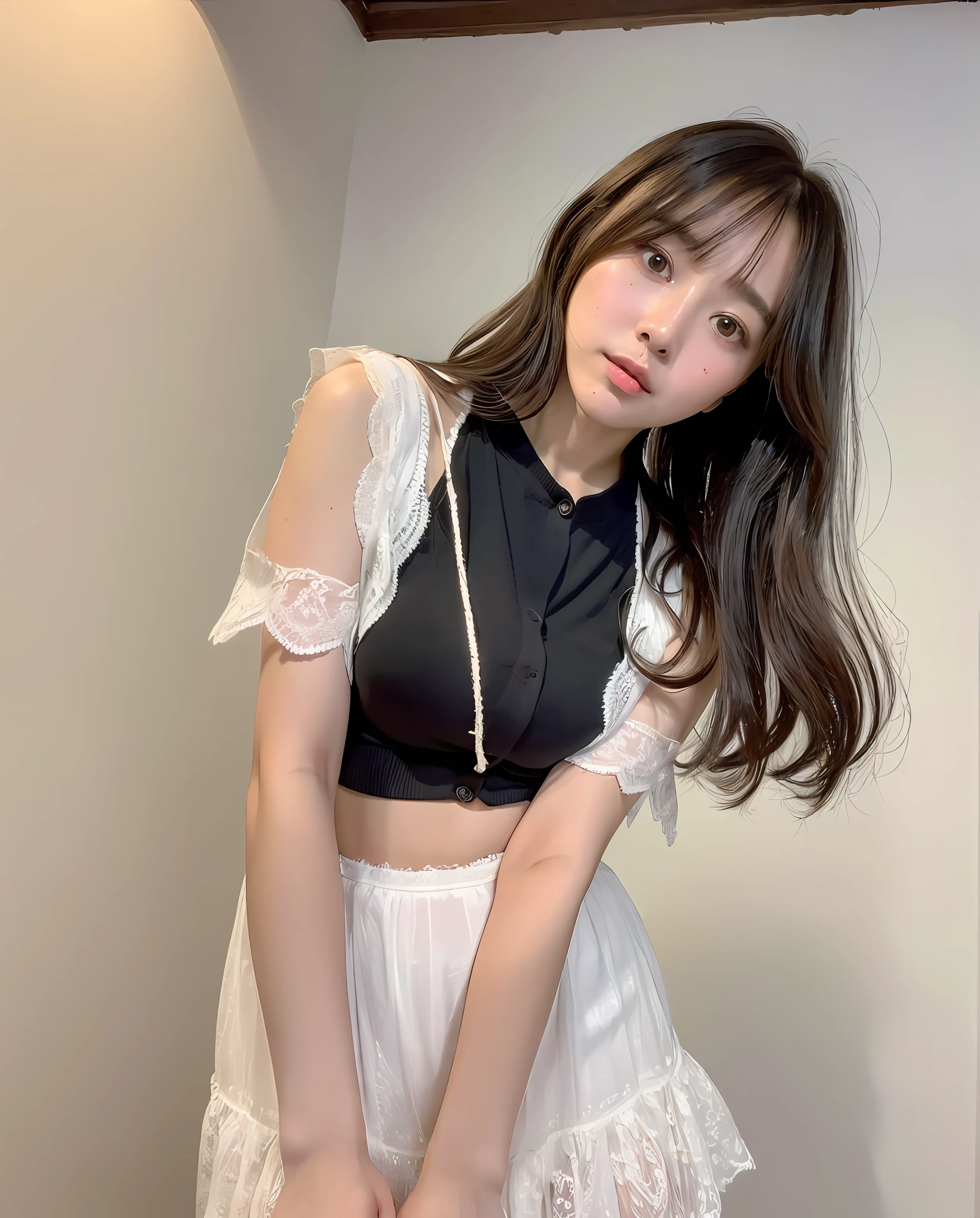 ((Best quality, 8k, Masterpiece :1.3)), (Mikami Yua), (Innocent eyes: 50), (Natural: 100), (Girl), (Japanese actress), (Big eyes: 5) (Hairstyle bangs: 100) (Front: 100), (Full body: 100), Shanghai, 1girl, beauty with abs: 1.3, (cute and pitiful: 5) (short and medium hair, big breasts: 1), (cardigan: 5), ( Low-cut dress: 3) (navel leakage: 2), (white lace underwear), super detailed face, detailed eyes, double eyelids