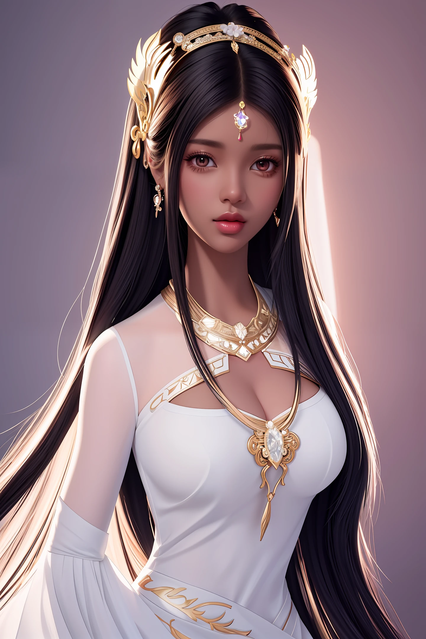 a close up of a woman with long hair wearing a white top, dark skin female goddess of love, stunning digital illustration, epic portrait illustration, in style of digital illustration, sultry digital painting, digital art of an elegant, beautiful digital illustration, digital illustration portrait, beautiful digital artwork, #1 digital painting of all time, # 1 digital painting of all time