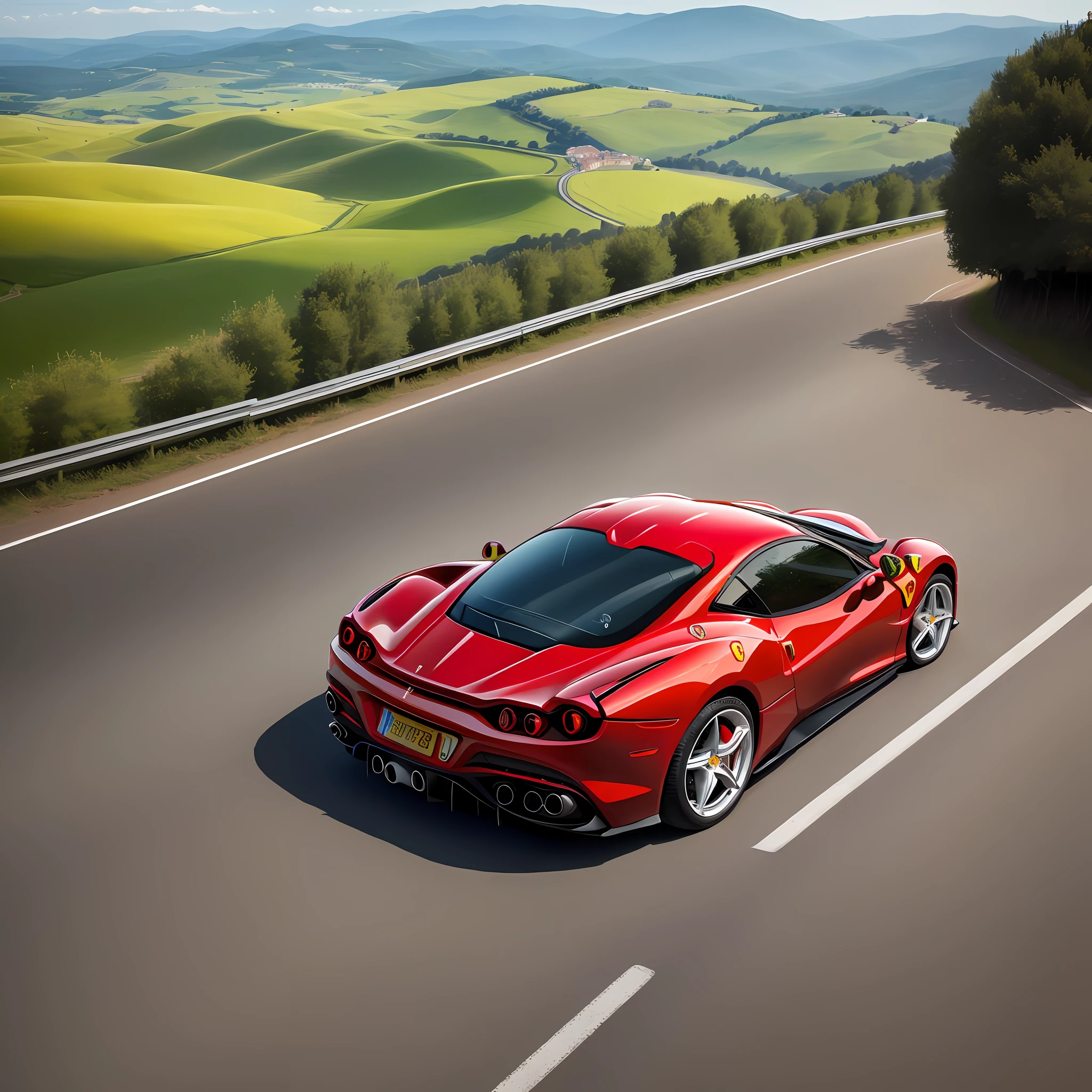 A red Ferrari bursting through the roads of the beautiful landscape of Italian Tuscany, in a breathtaking scene with a lot of speed and adrenaline.