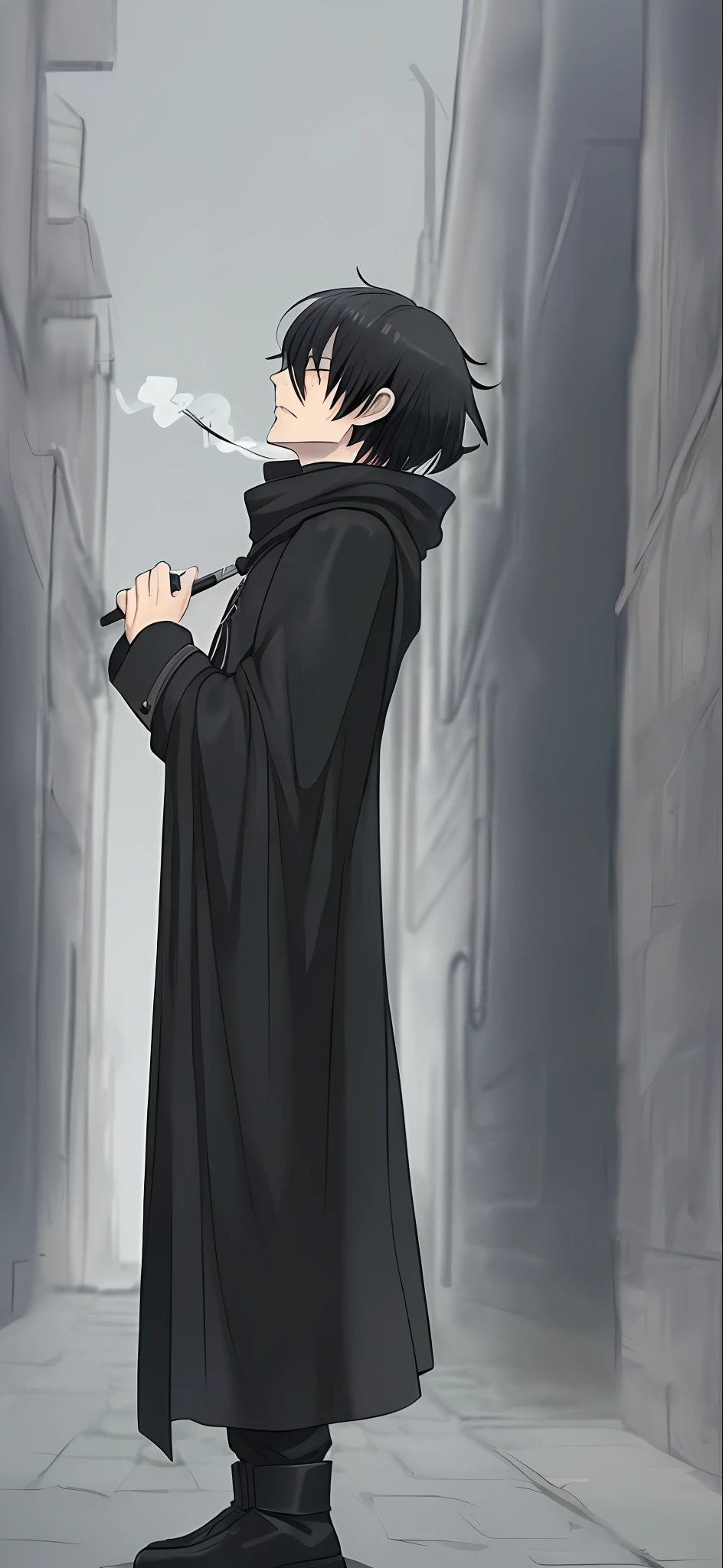 (a man in a black cloak-coat, shonen style), looking away, smoking, on a gray background, manga style. (short black hair)