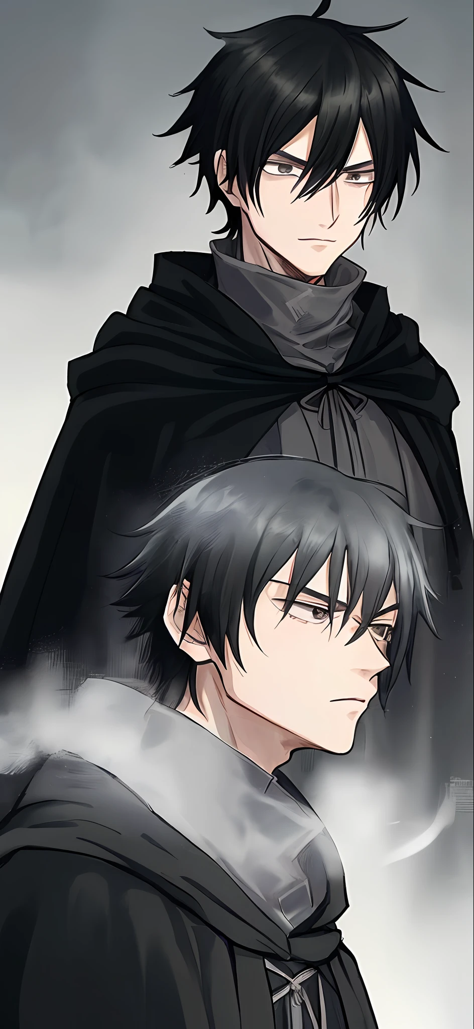 (a man in a black cloak-coat, shonen style), looking away, smoking, on a gray background, manga style. (short black hair)
