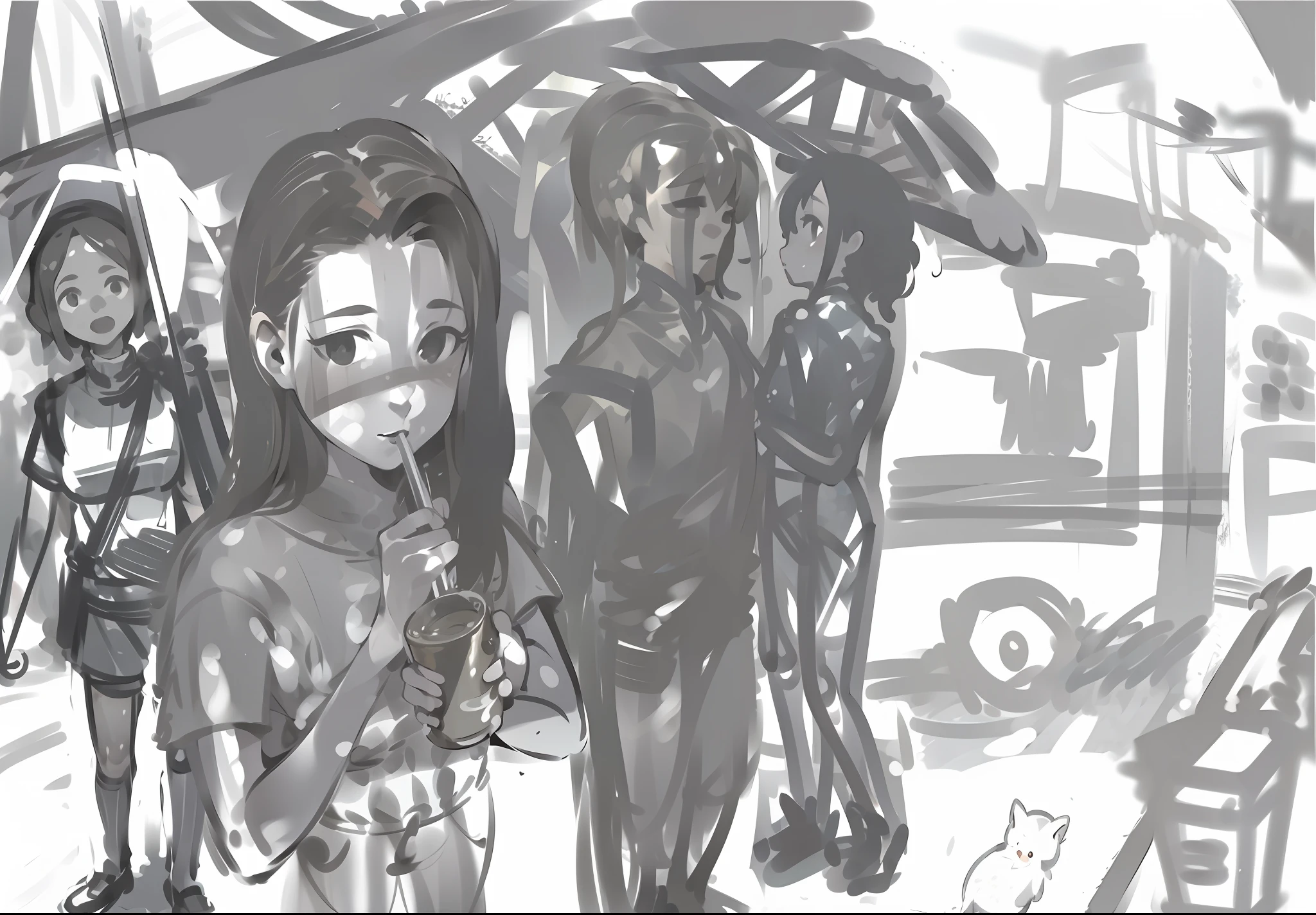 On a rainy day, a girl drinks milk tea and stands next to a girl holding an umbrella, cute, Ghibli style, food street scene, popular art station, brown hair.