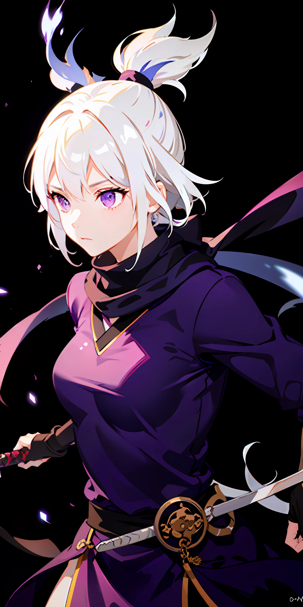 upper body, 1girl, white hair, ponytail, purple eyes, (ninja), short sword, medium breats ,scarf, wallpaper, magic circle background, light particles, blue fire,