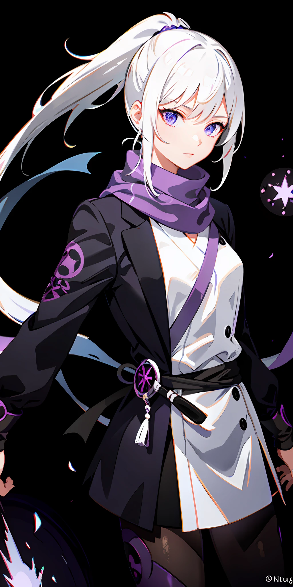 upper body, 1girl, white hair, ponytail, purple eyes, (ninja), short sword, medium breats ,scarf, wallpaper, magic circle background, light particles, blue fire,