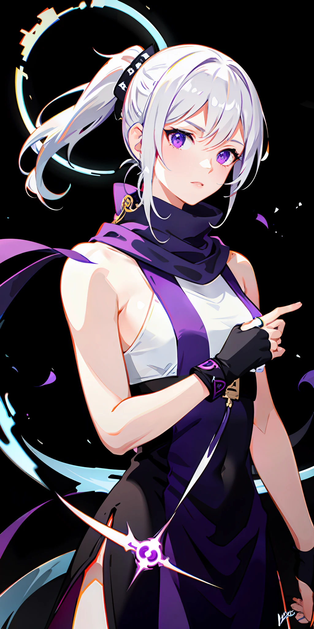 upper body, 1girl, white hair, ponytail, purple eyes, (ninja), short sword, medium breats ,scarf, wallpaper, magic circle background, light particles, blue fire,