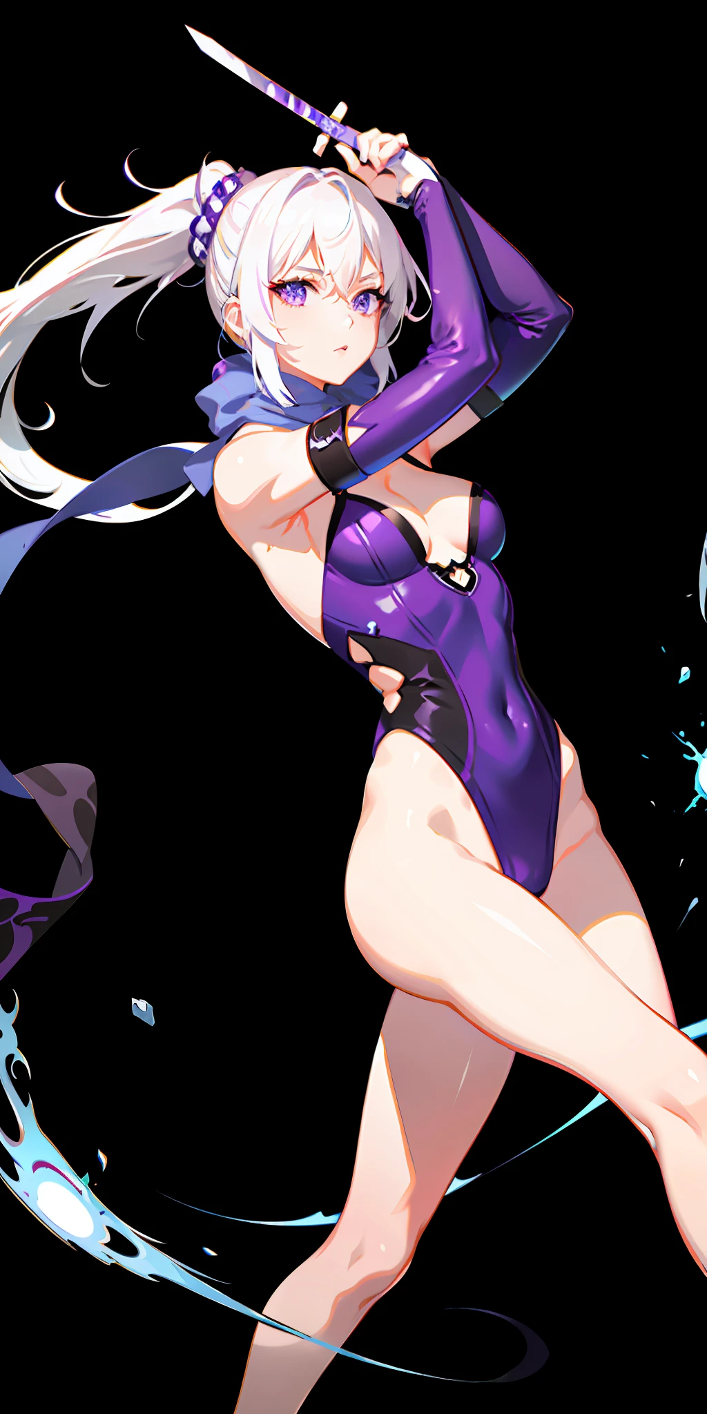 upper body, 1girl, white hair, ponytail, purple eyes, (ninja), short sword, medium breats ,scarf, wallpaper, magic circle background, light particles, blue fire, leotard,  legs