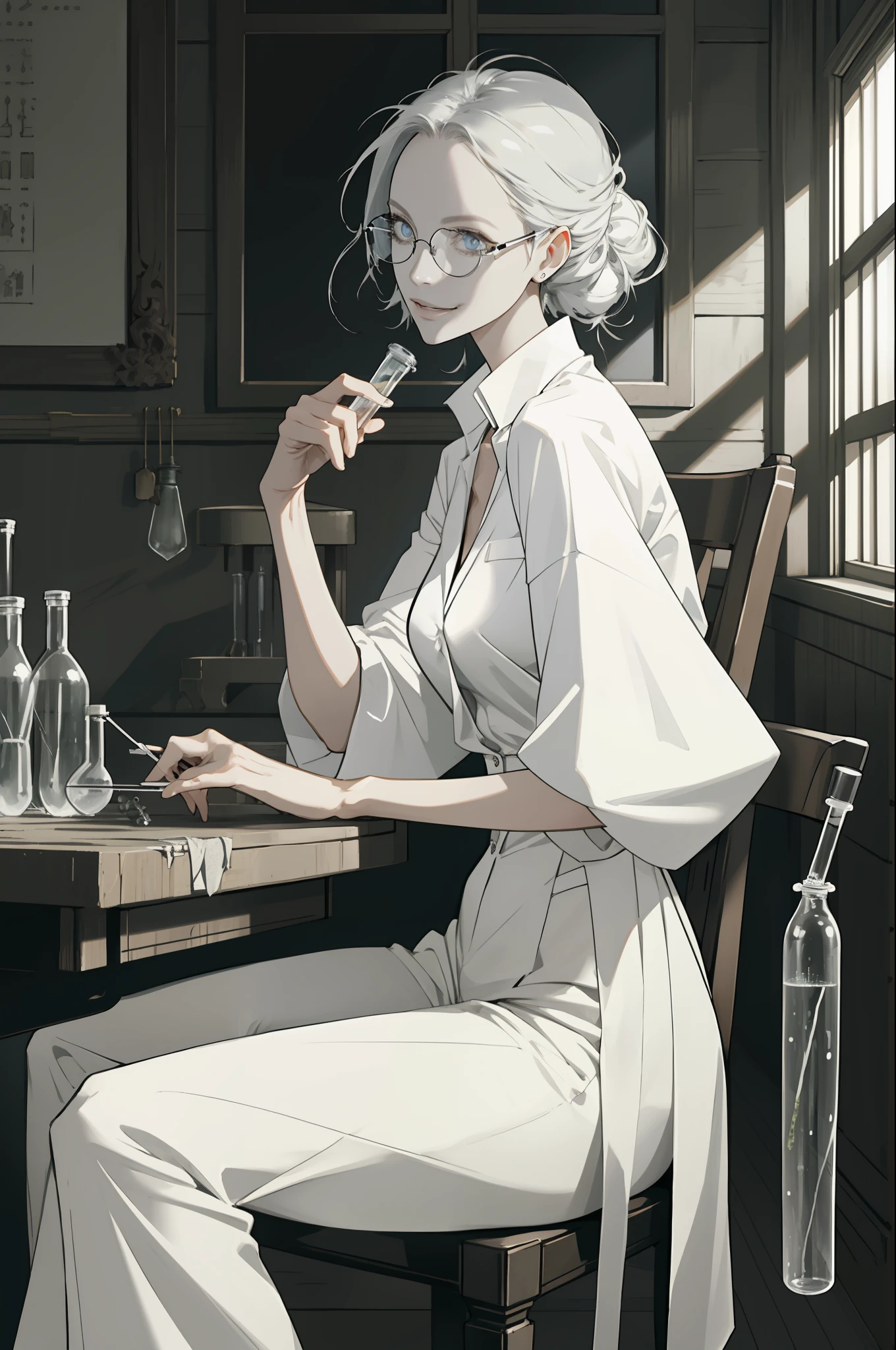 Masterpiece, Best Quality, 1 Female, Adult, Gentle, Slender Figure, White Shirt, Black Trousers, Delicate Eyes and Detailed Face, Extremely Detailed CG Unity 8k Wallpaper, Intricate Details, Intricate Lab, Crazy scientist with messy hair, forehead, glasses, wooden walls, table full of garbage, test tubes, bottles, windows, sitting on a chair, holding test tubes, evil smile, from the side | from above, depth of field