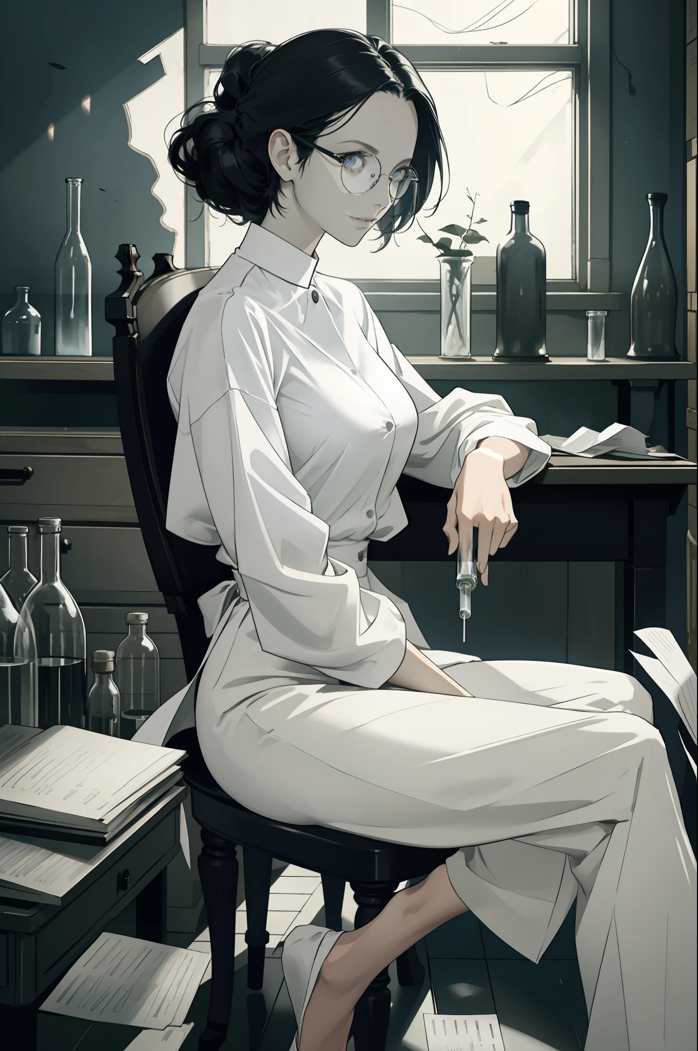 Masterpiece, Best Quality, 1 Female, Adult, Gentle, Slender Figure, White Shirt, Black Trousers, Delicate Eyes and Detailed Face, Extremely Detailed CG Unity 8k Wallpaper, Intricate Details, Intricate Lab, Crazy scientist with messy hair, forehead, glasses, wooden walls, table full of garbage, test tubes, bottles, windows, sitting on a chair, holding test tubes, evil smile, from the side | from above, depth of field