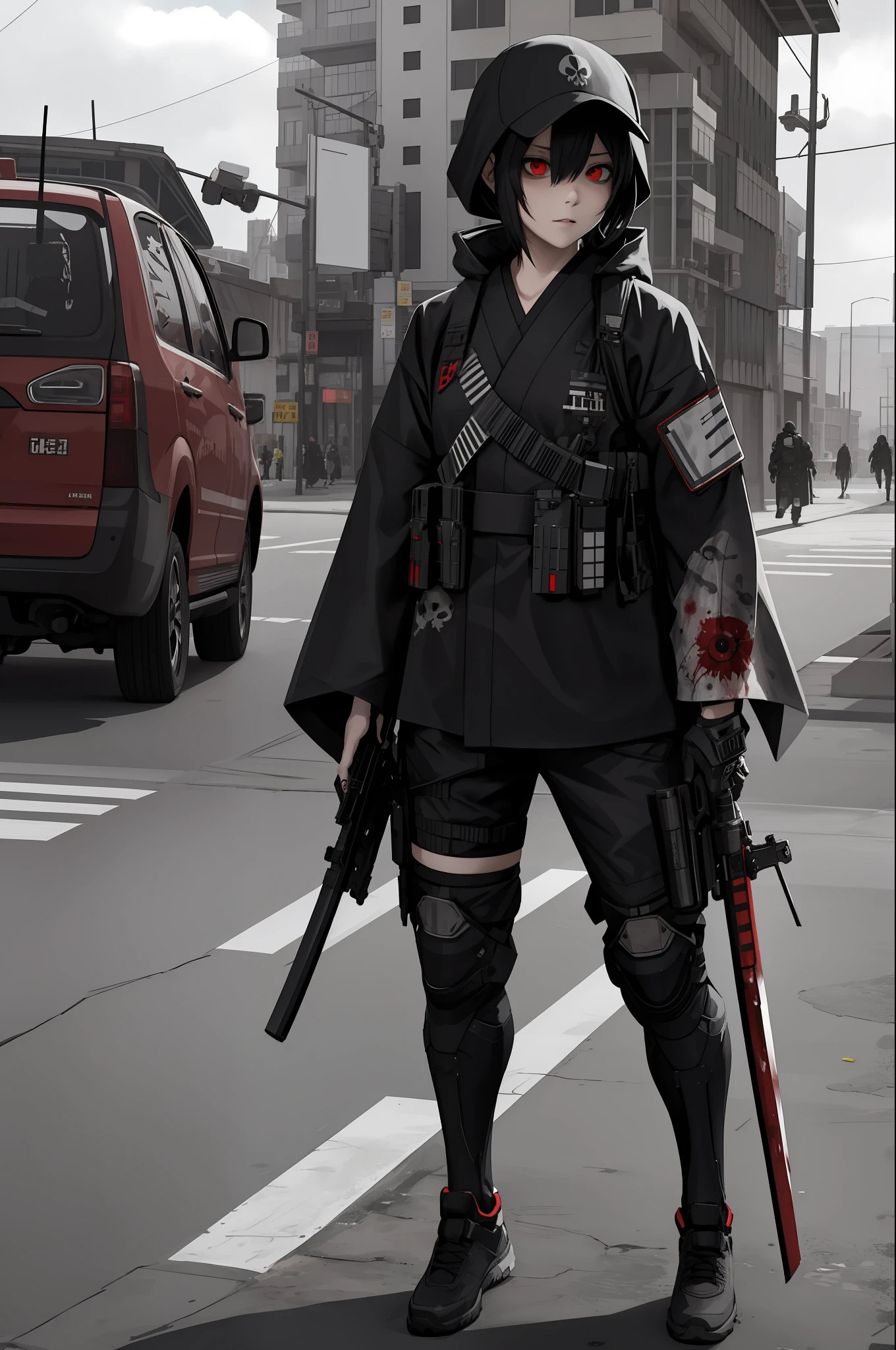 best quality, high_resolution,girl,kimono techwear, skull girl, zombie,holding weapon,detailed background,