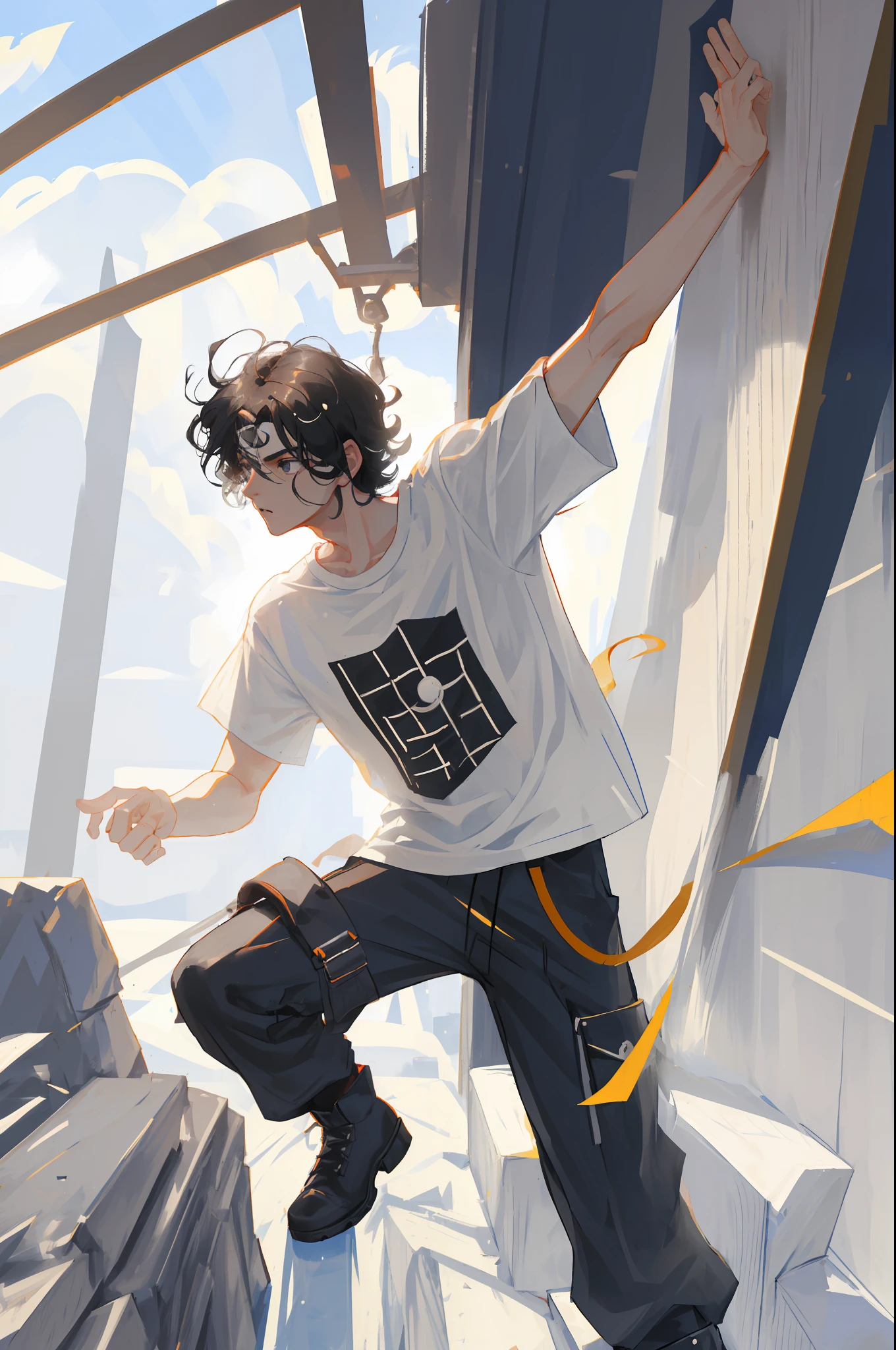Realistic artwork, man 1, young man, black hair, black eyes, pointed nose, white skin, short tousled hair in curlers, determined expression, slim build, fighting stance, gray t-shirt, white pants, black boots, a sickle in his left arm,